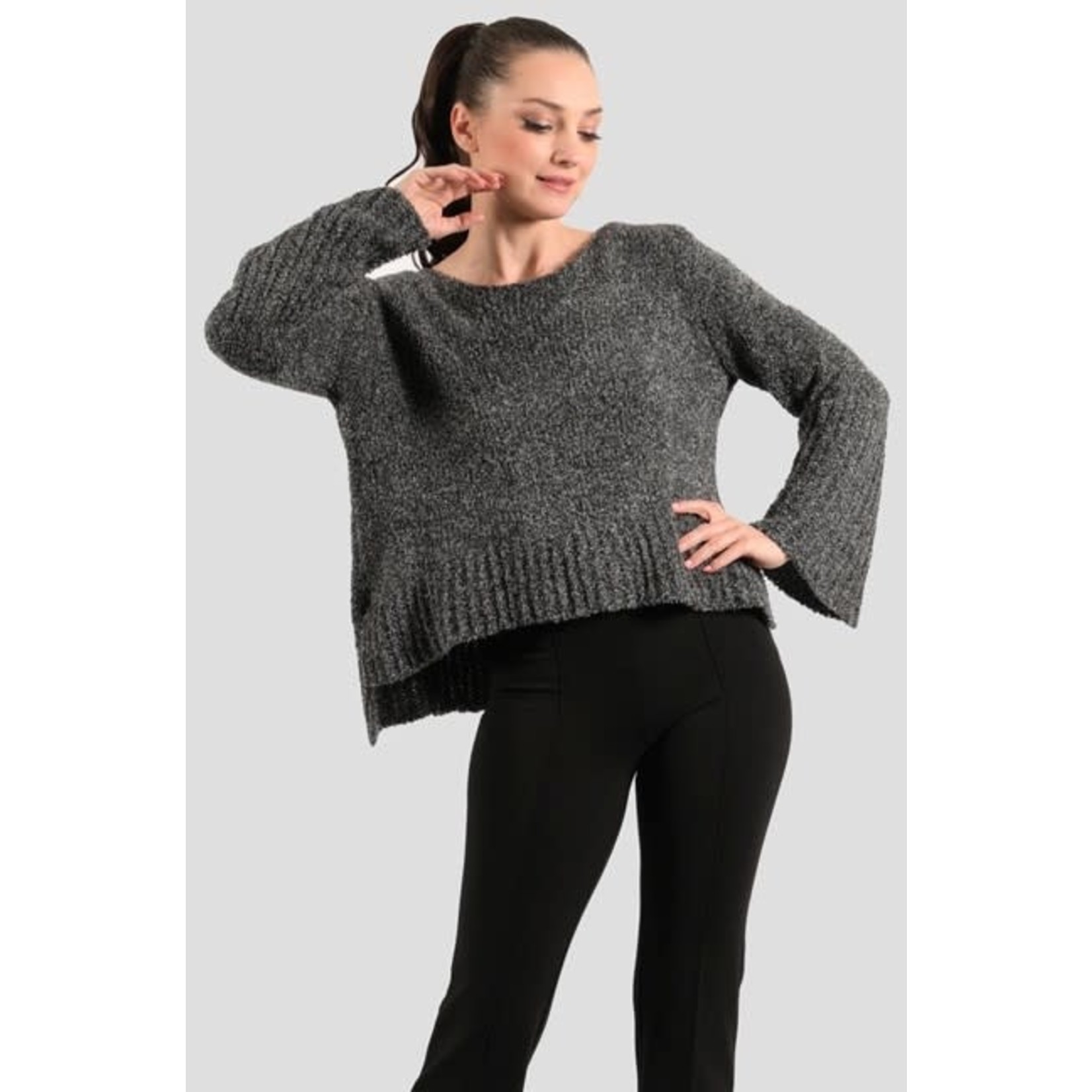Short Crew Sweater w/Ribbed Btm&Slv in Marled Charcoal OS