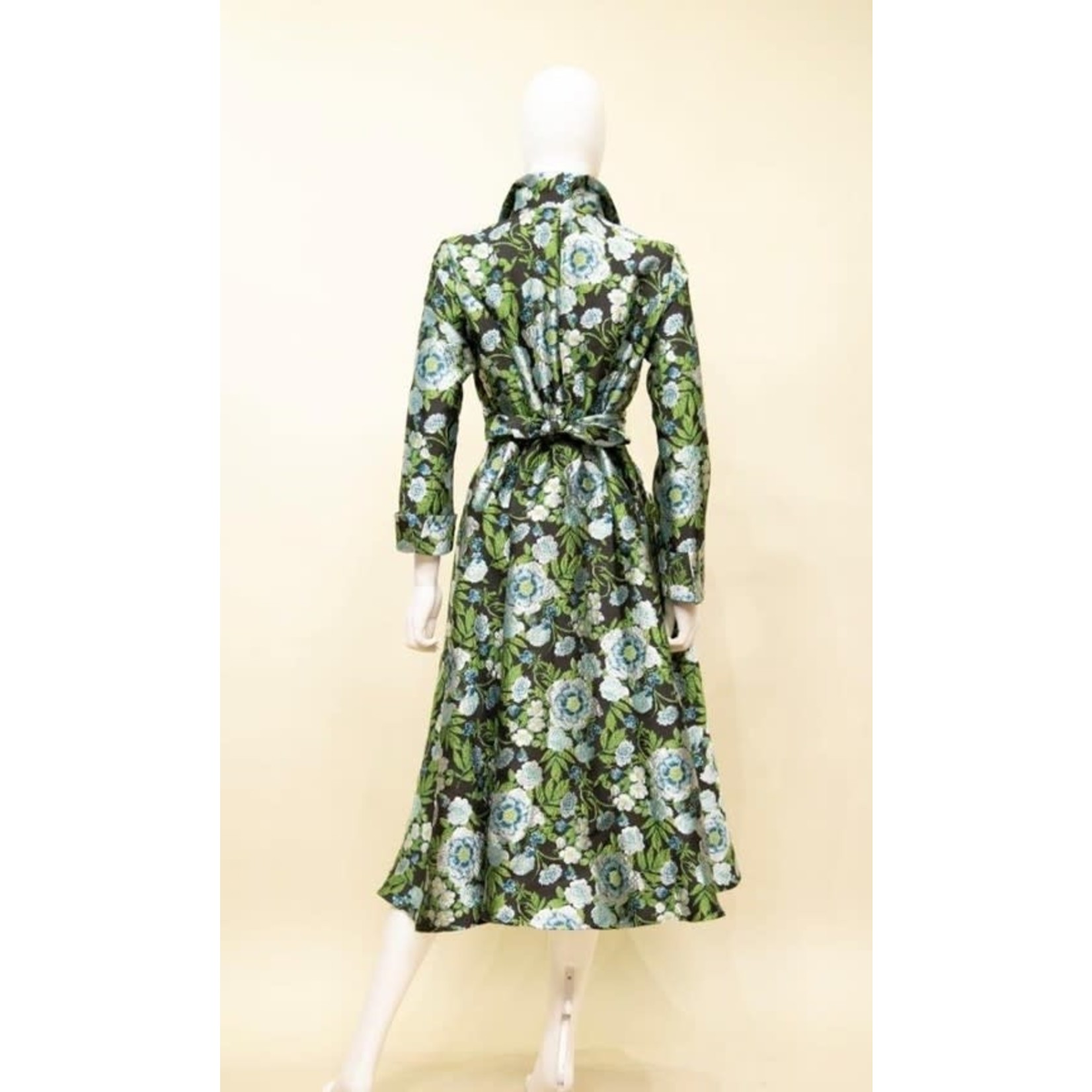 Samuel Dong Jacquard Twist Front Tie Coat/Dress in Green/Silver