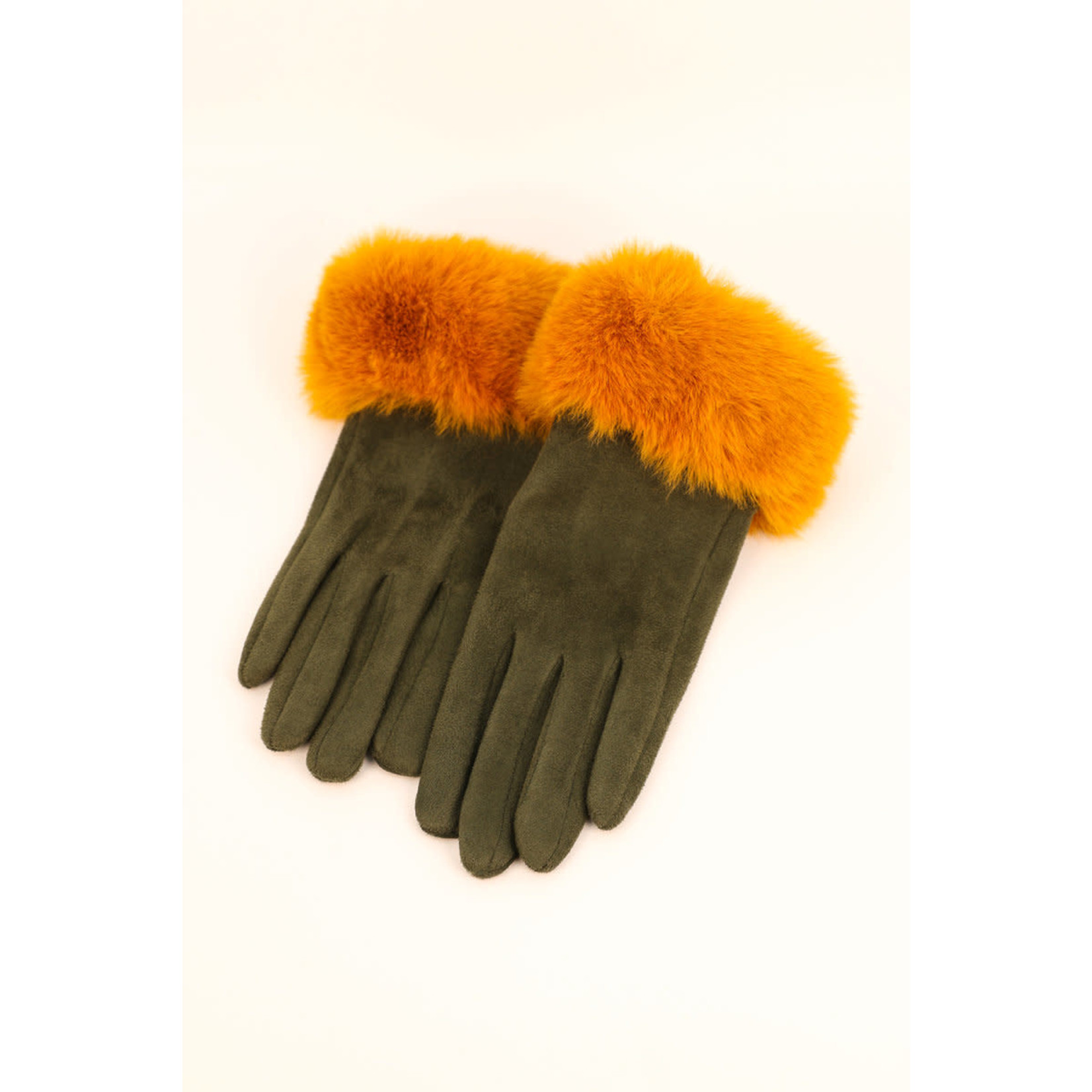 Powder Bettina Mix Faux Suede Gloves in Olive/Mustard