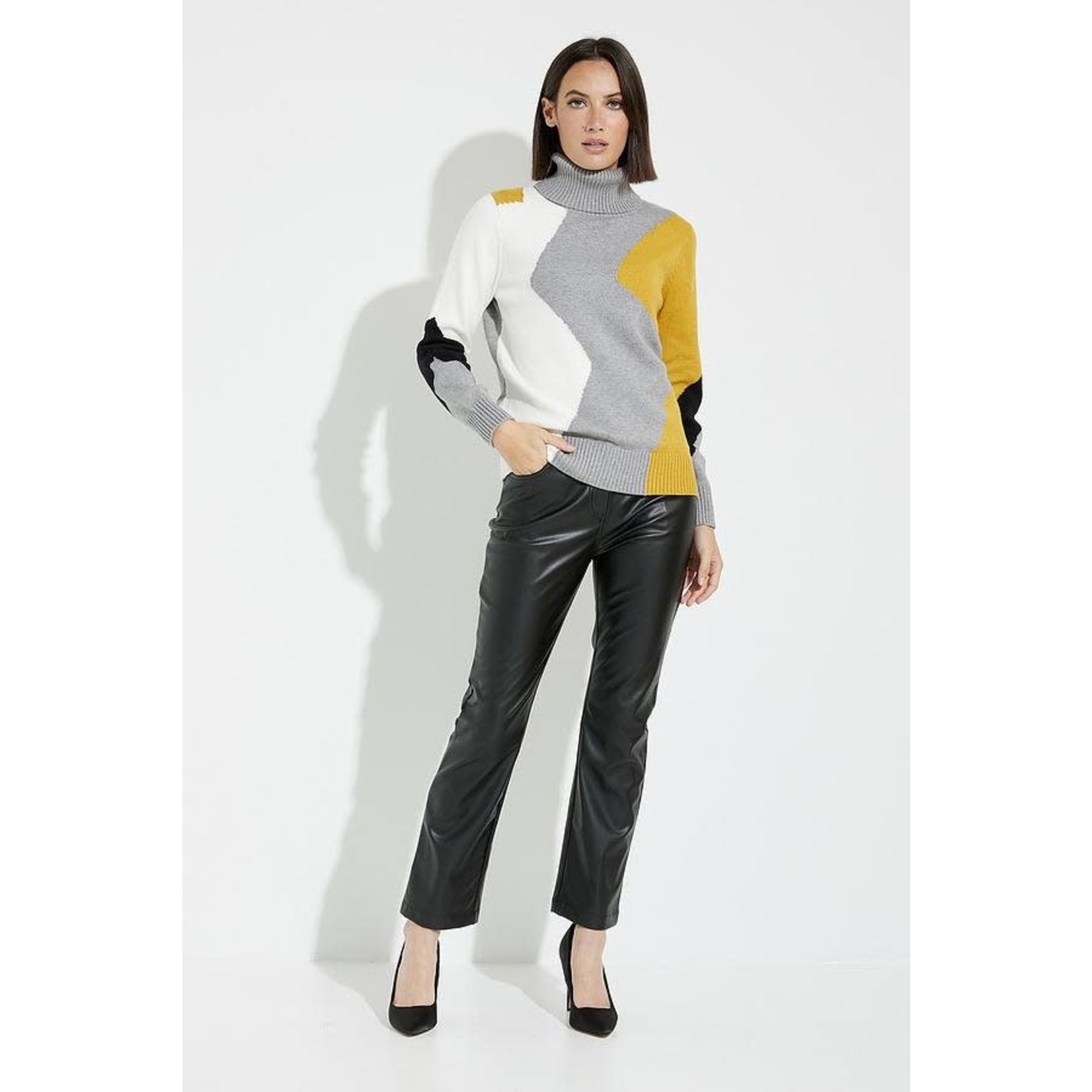 Alison Sheri Color Block Turtle-neck Sweater in Mustard/Grey/White