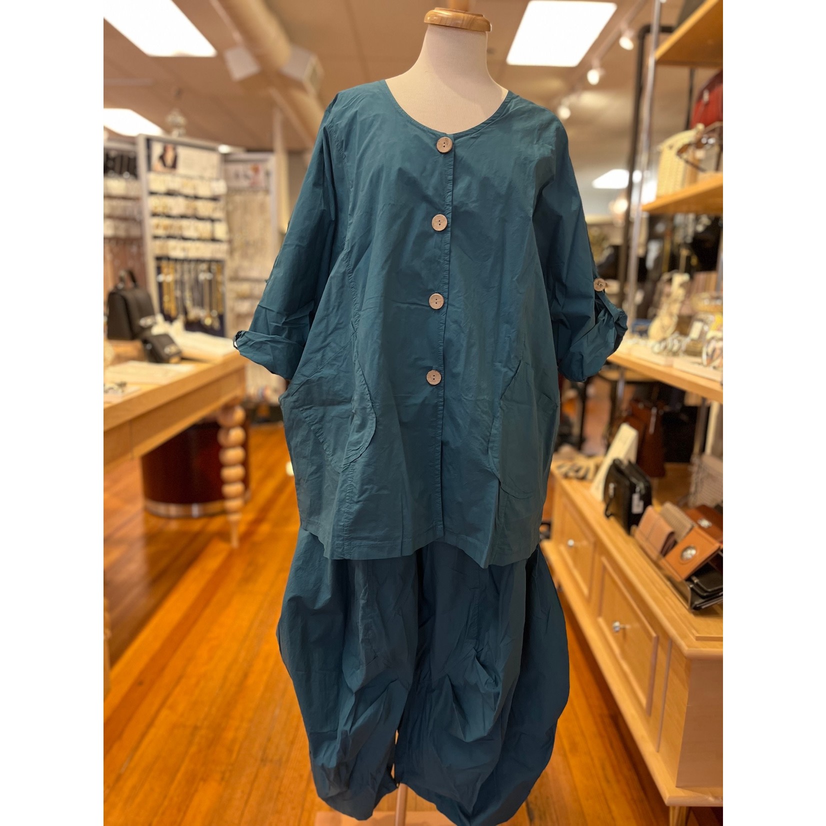 Button Up/Tab Slv Linen Jacket  in Teal