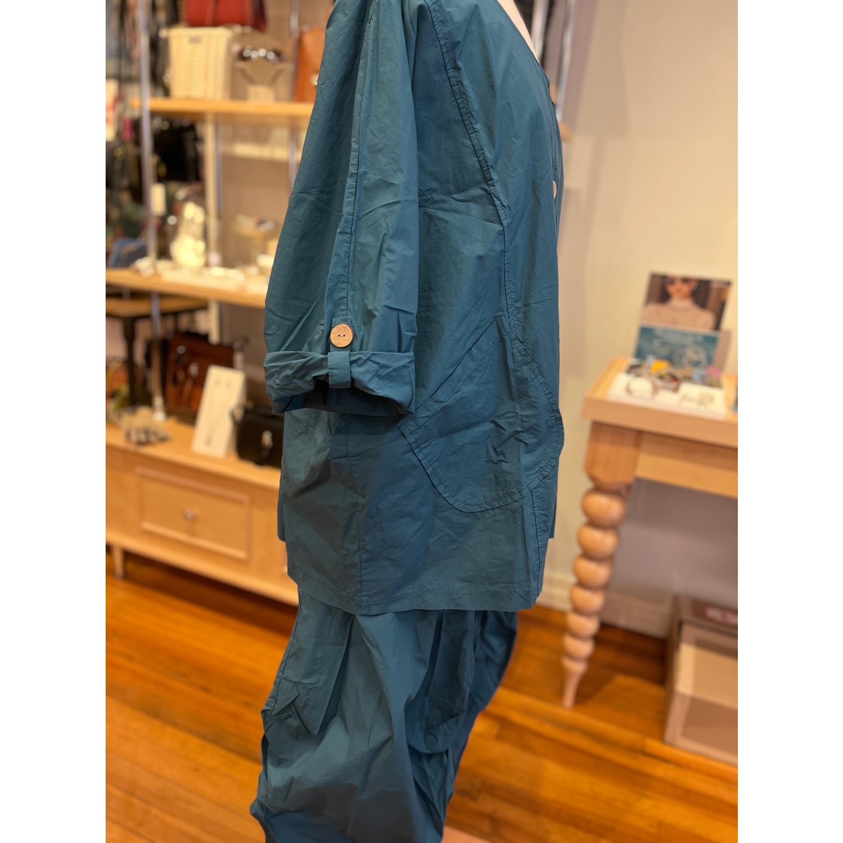 Button Up/Tab Slv Linen Jacket  in Teal