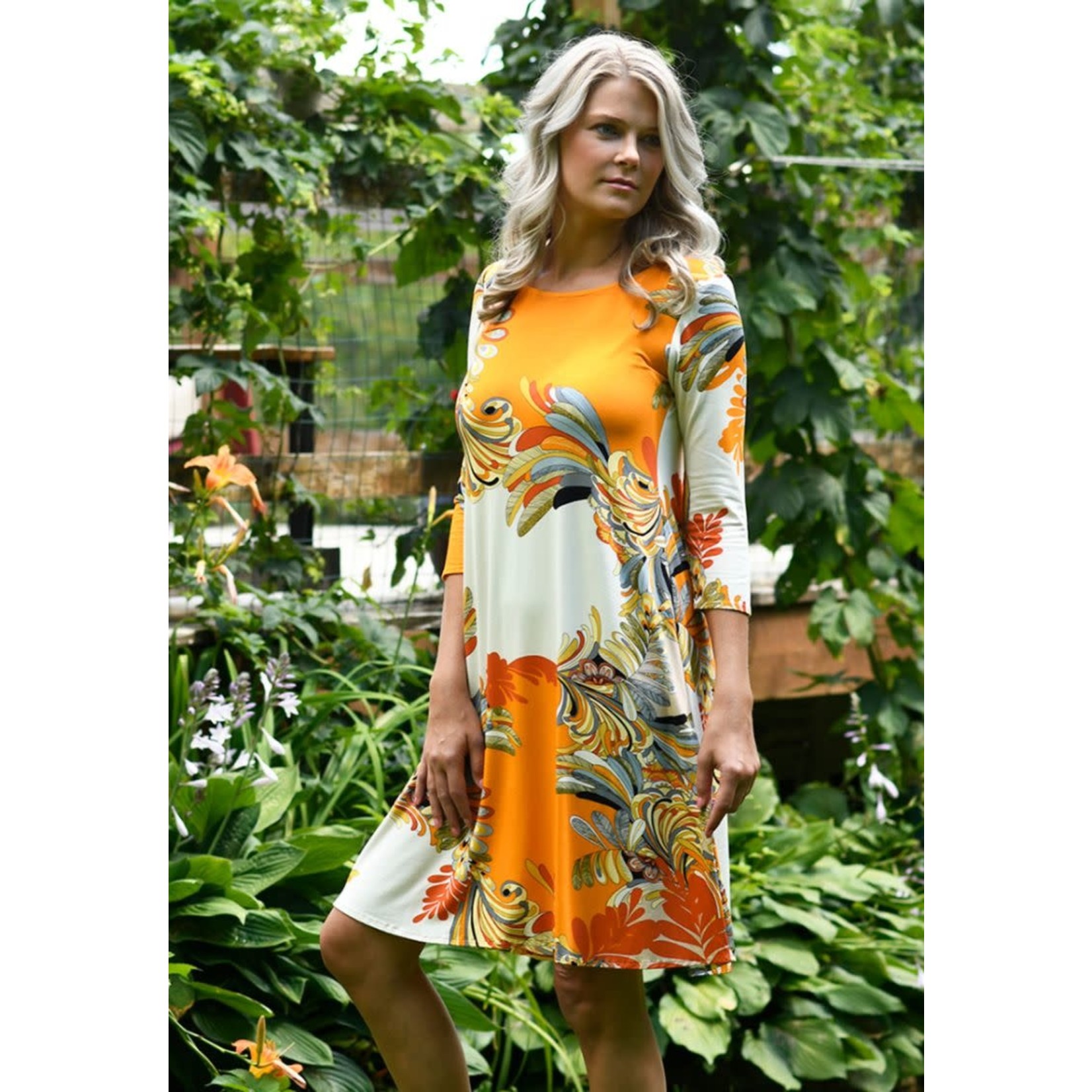 Lexi Dress 3/4 Slv-Leafy Multi/Orange