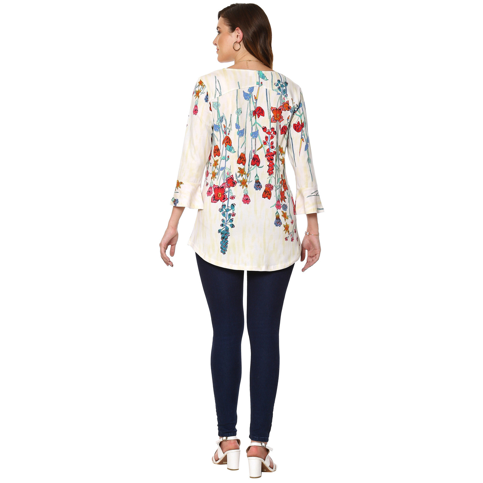 Parsley and Sage Grace Floral 3/4 Bell Slv Tunic in White