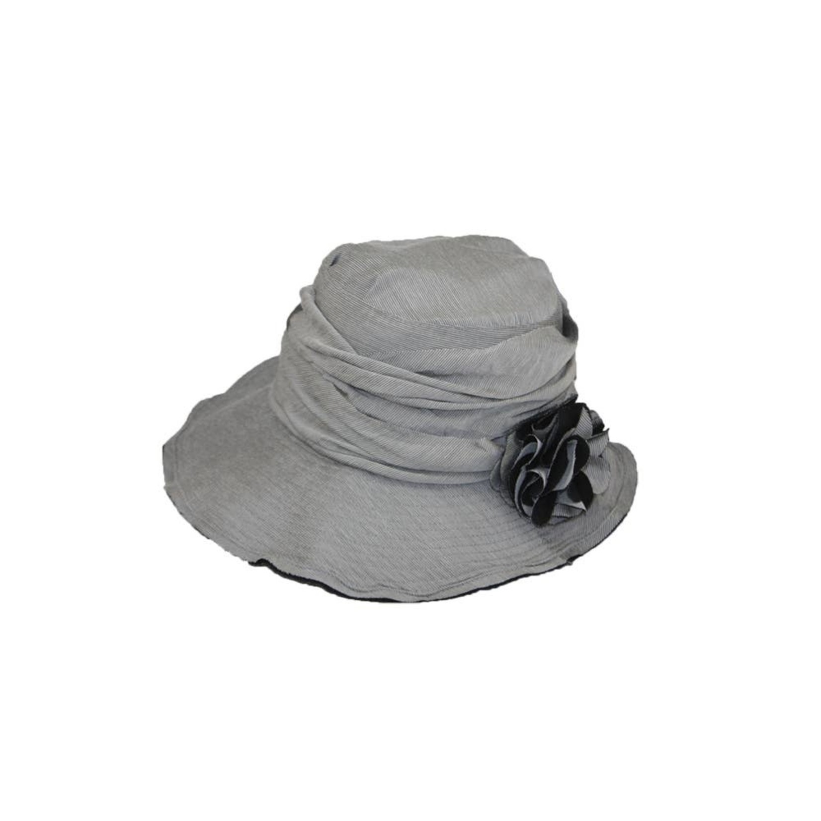 Jeanne Simmons Hat w/ Slanted Brim and Pleated Flower in Blk/Sil Pinstripe