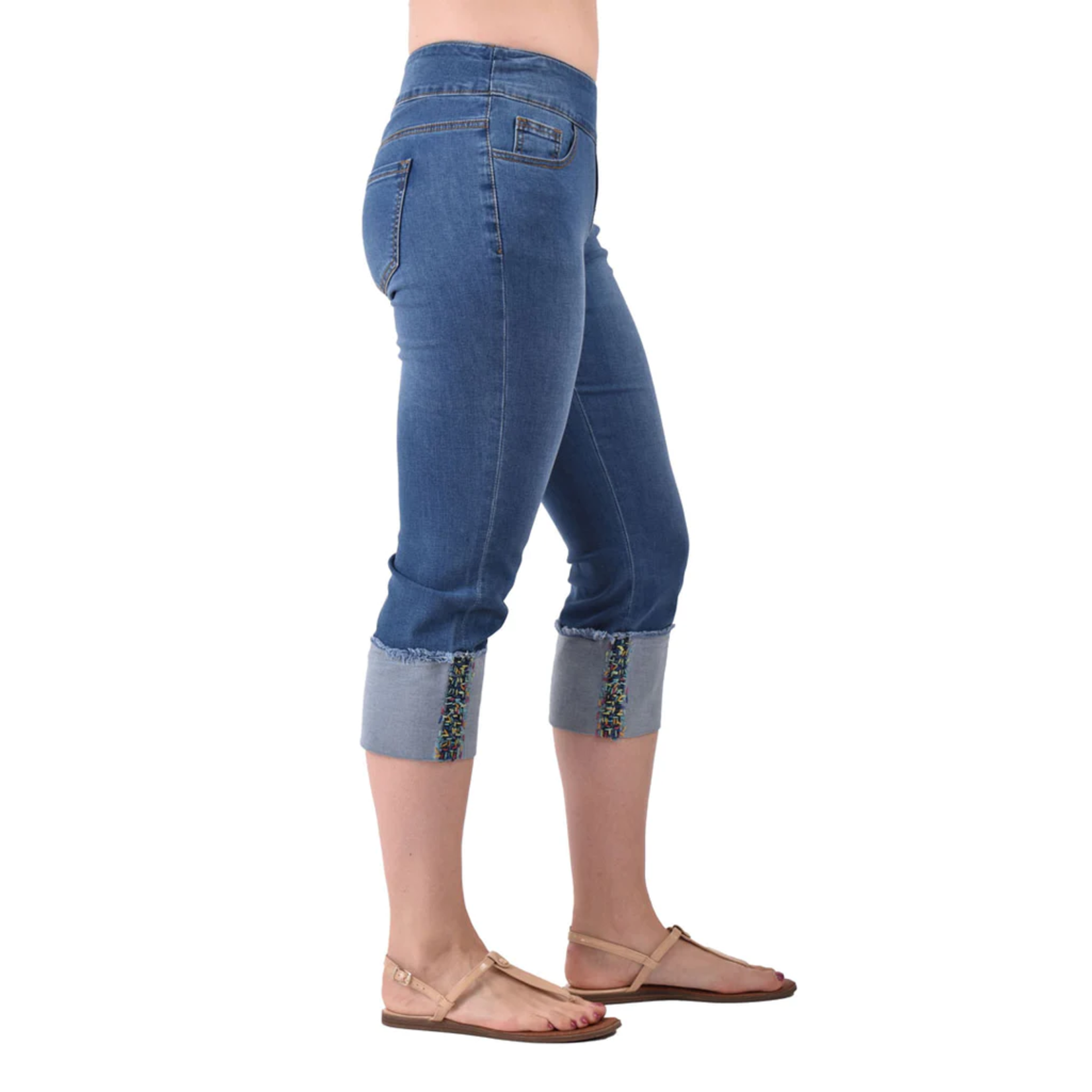 Pull-on Capri Jeans w/ Multi-color Embroidered Cuff