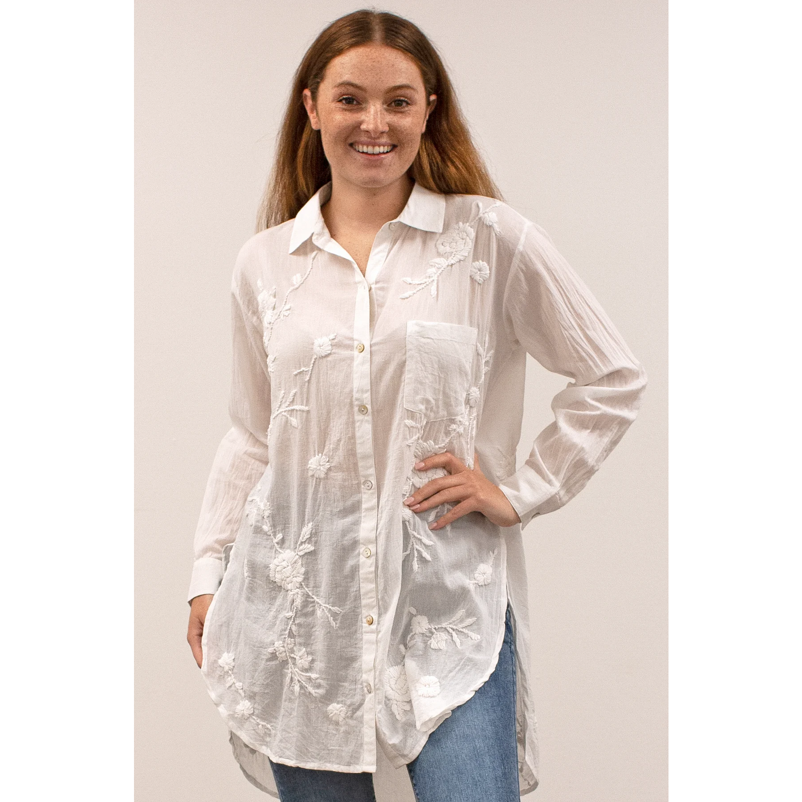 Caite Elin Embroidered Tunic Shirt in Bright White