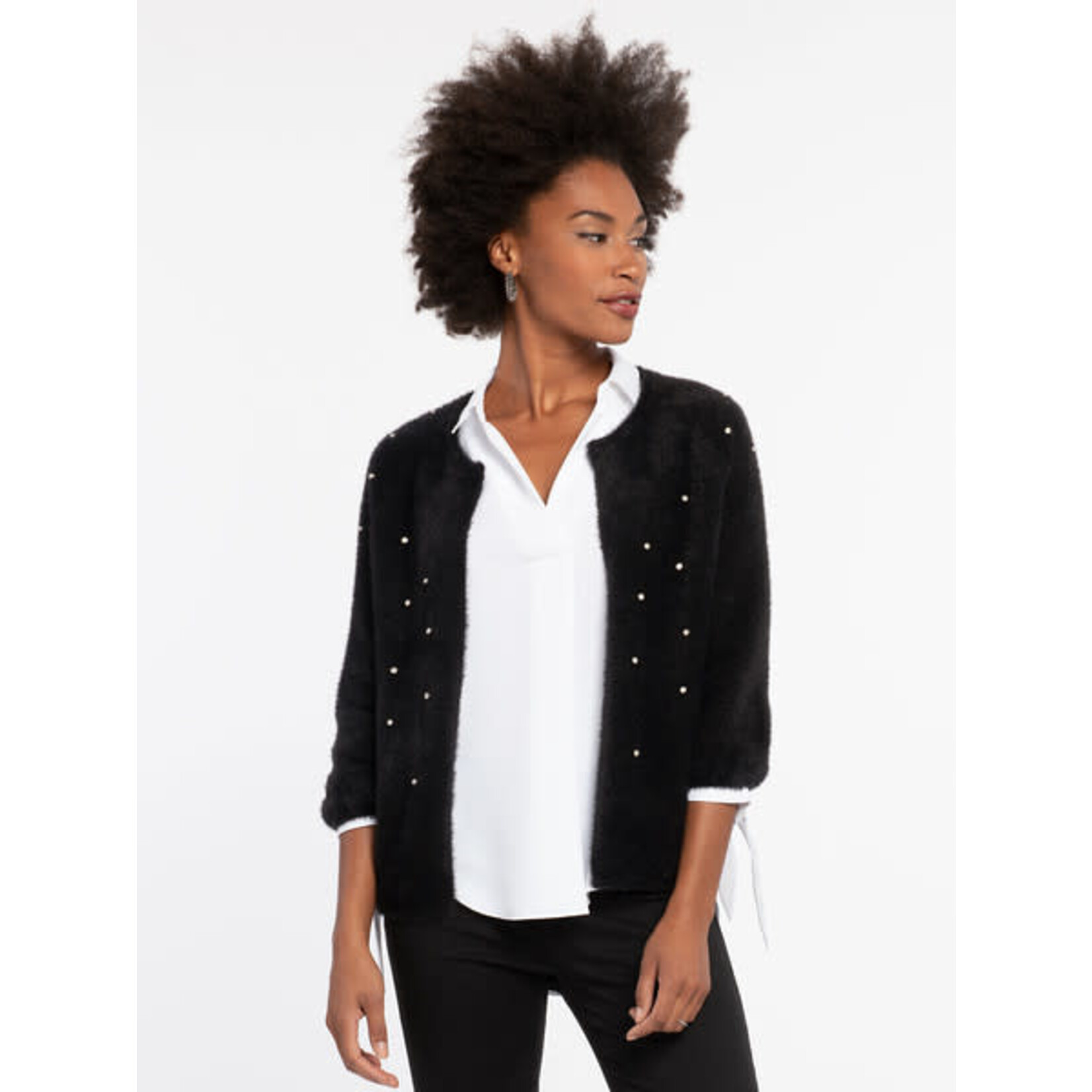 Nic+Zoe Black Fuzzy Cardigan w/ Rhinestone Embellishment