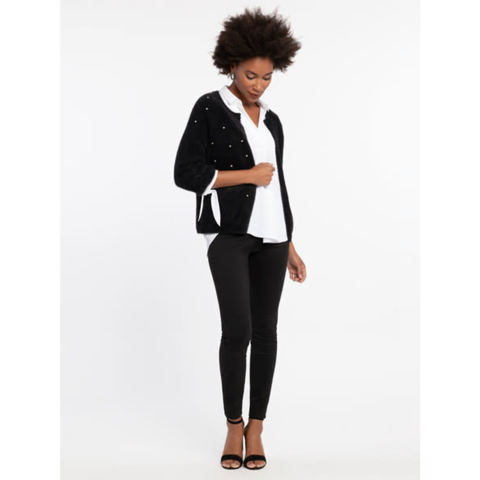 Black Fuzzy Cardigan w/ Rhinestone Embellishment