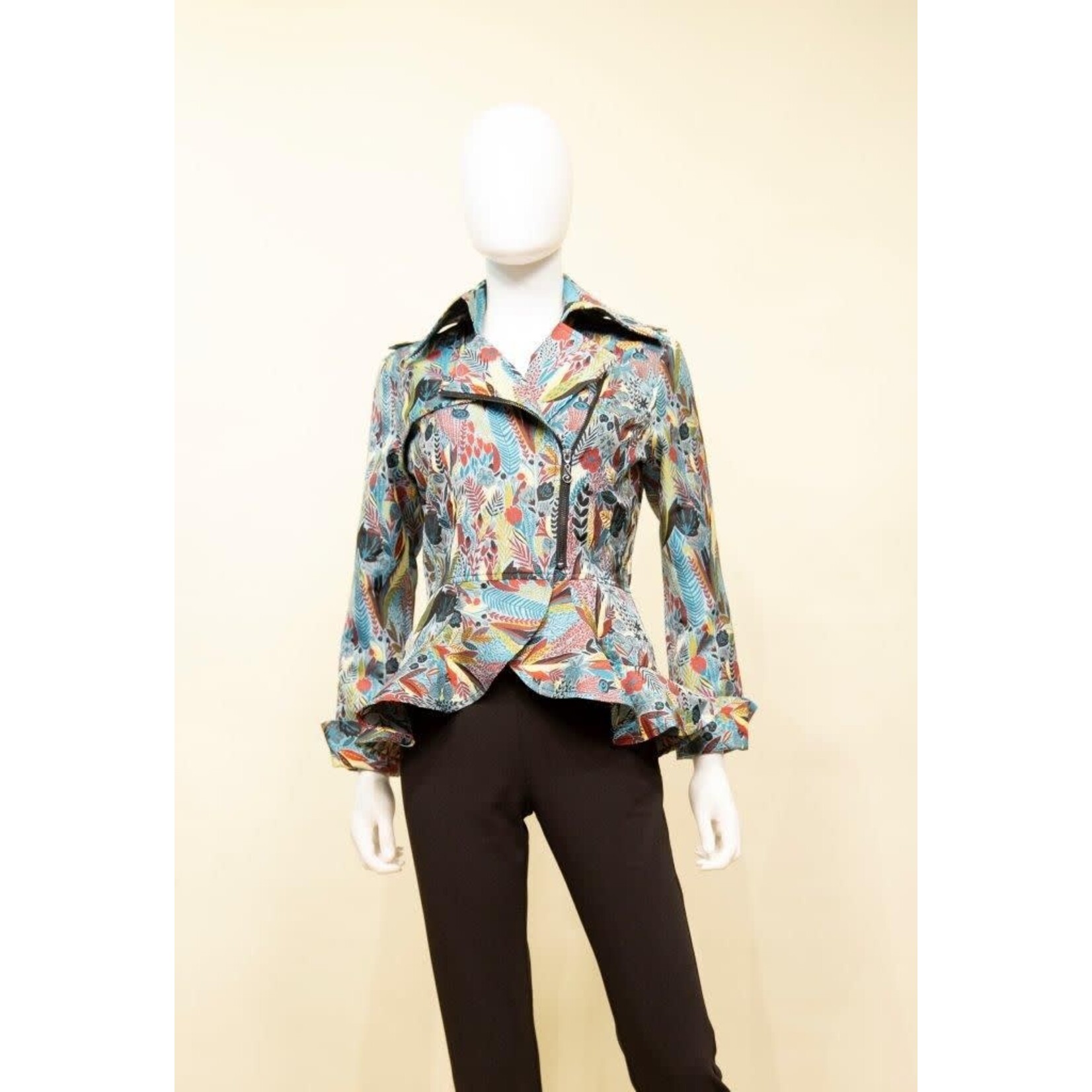 Samuel Dong Jacquard Zipper Moto Jacket in Blue/Crimson