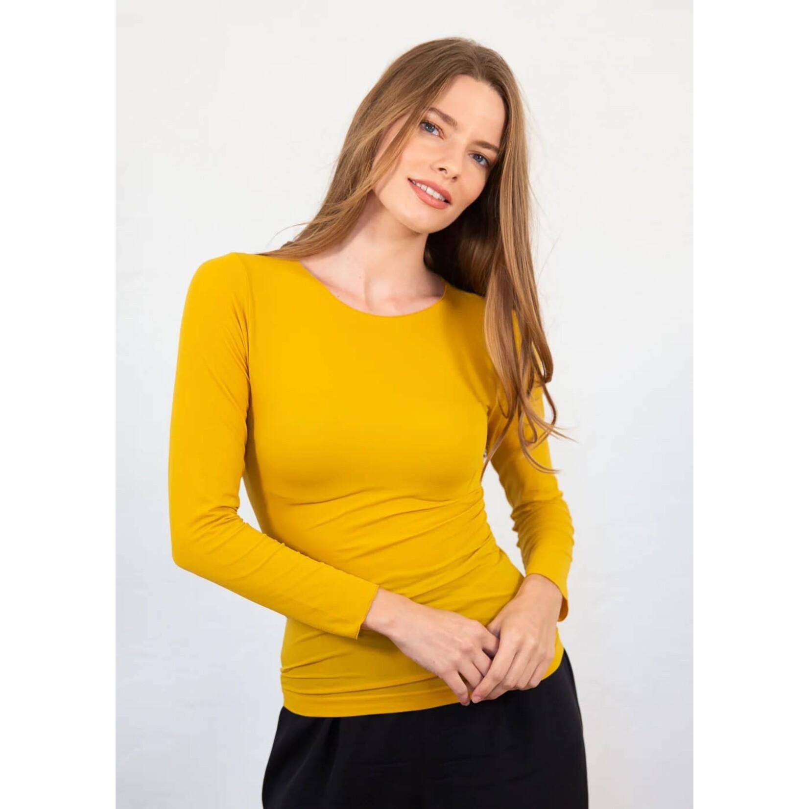 AMB Designs International Solid Raw Edge Second Skin Top  in Toasted Mustard