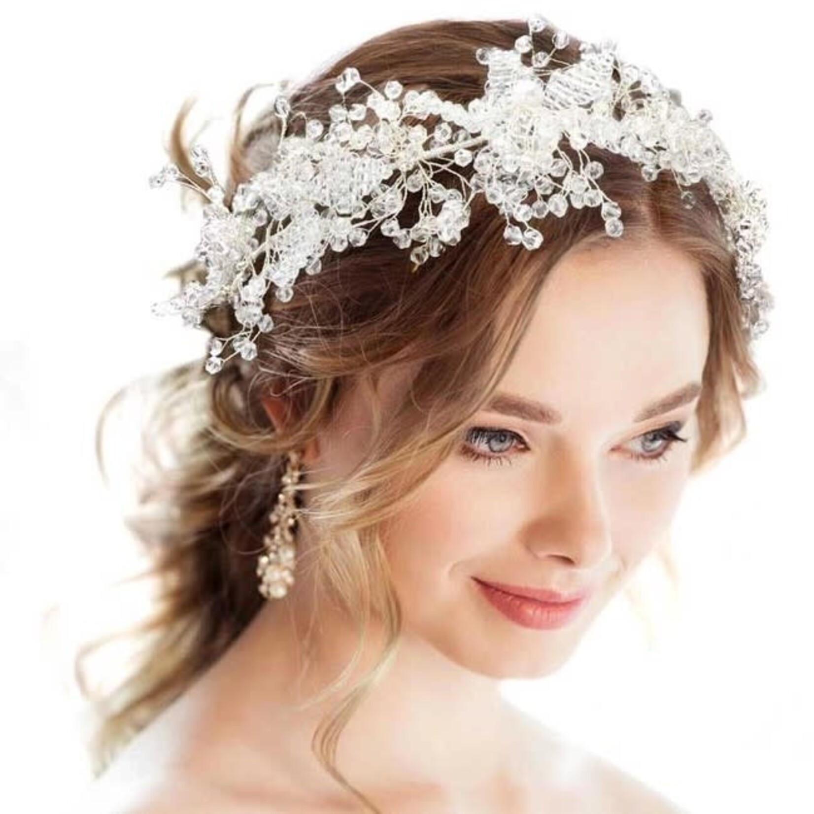 Madeline Love Pearl Centered Bicone Bead Flower Bun Wrap Headpiece in Lucite