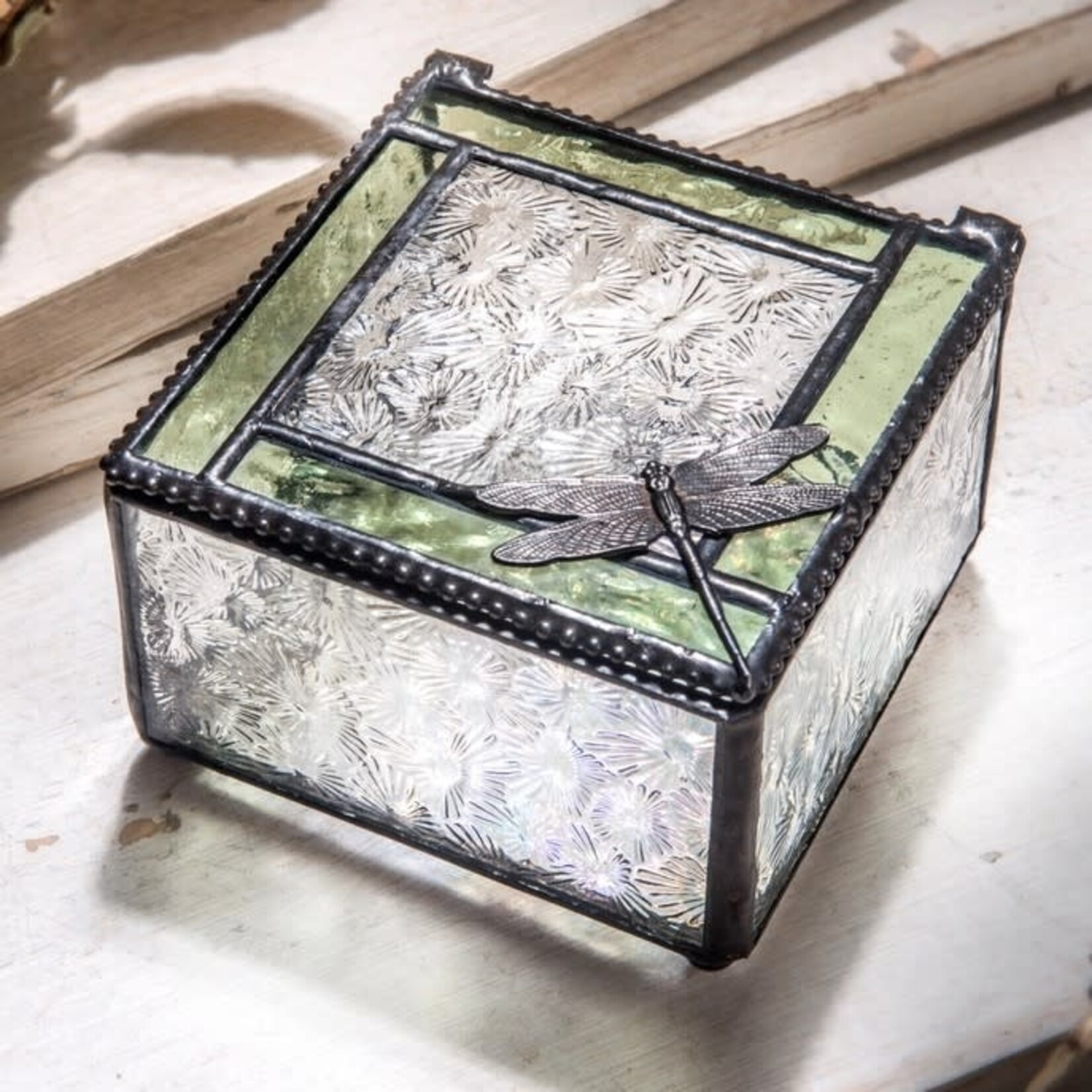 J Devlin Glass Green & Clear Stained Glass Dragonfly Keepsake Box