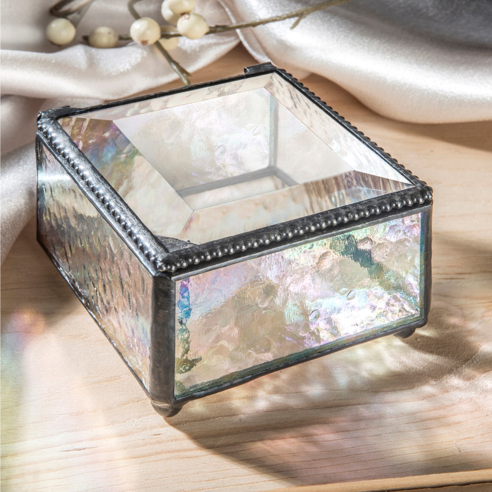 J Devlin Glass Clear Iridescent Stained Glass Jewelry Box  Keepsake