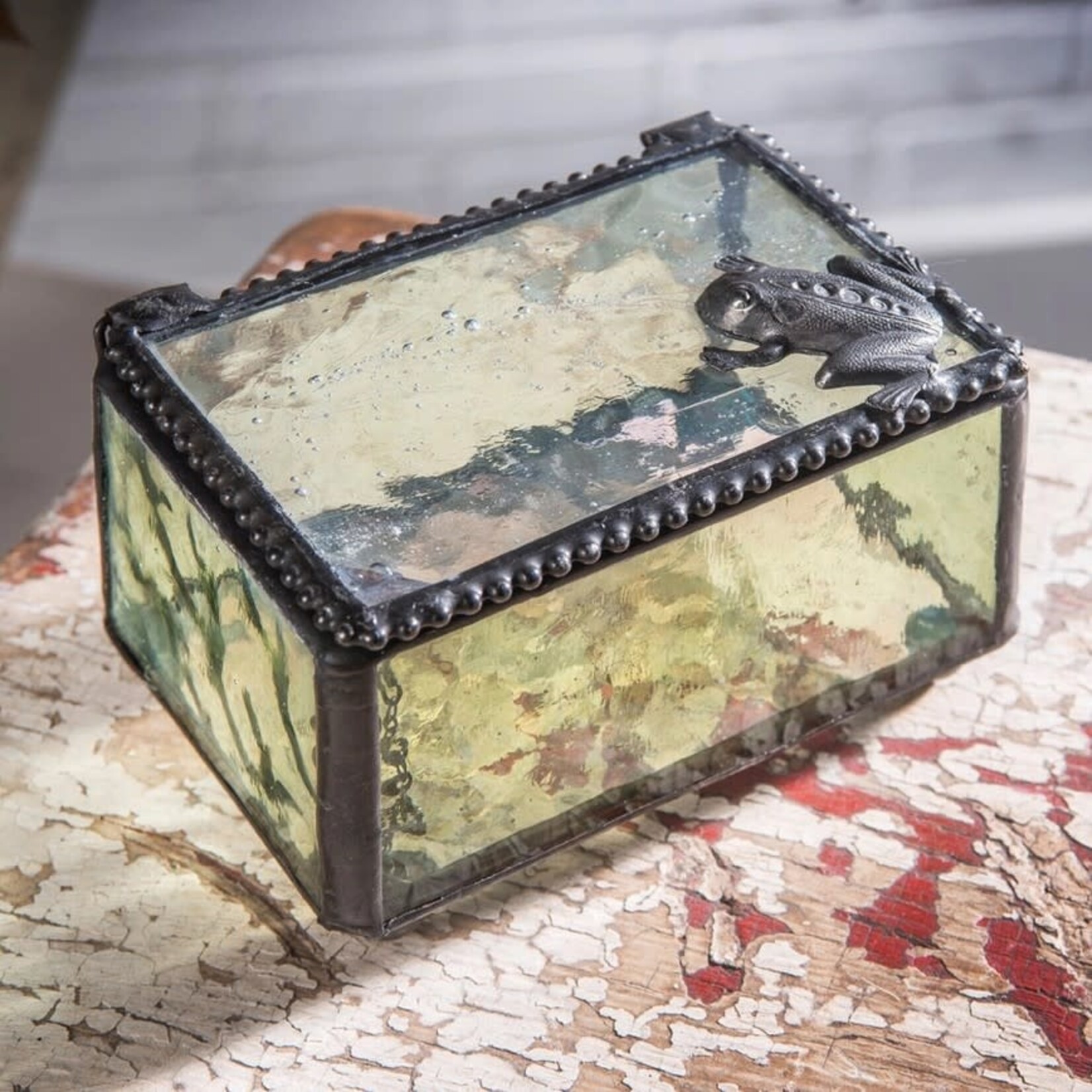 J Devlin Glass Green Frog Trinket Decorative Glass Box