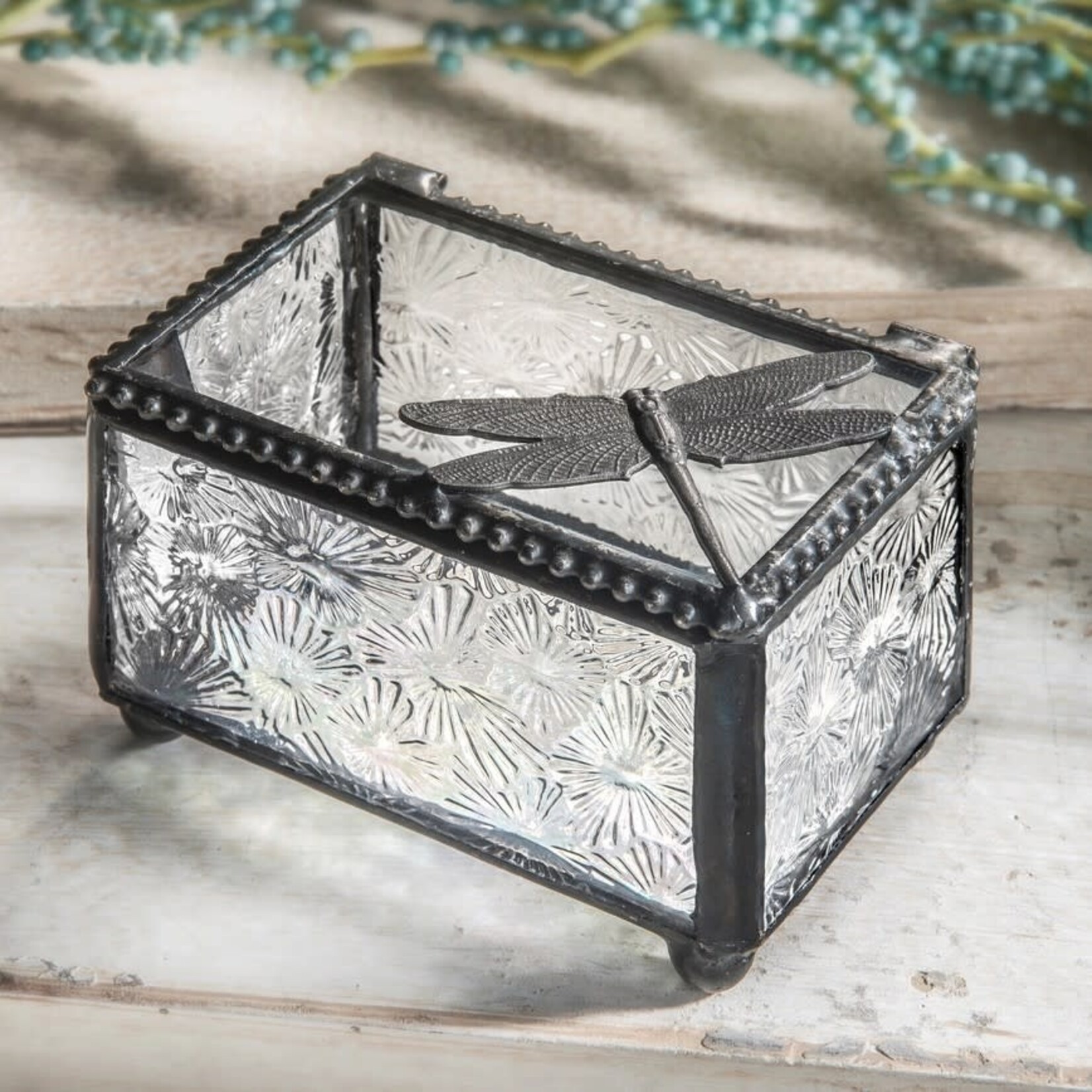J Devlin Glass Clear Vintage Stained Glass Dragonfly Trinket Box