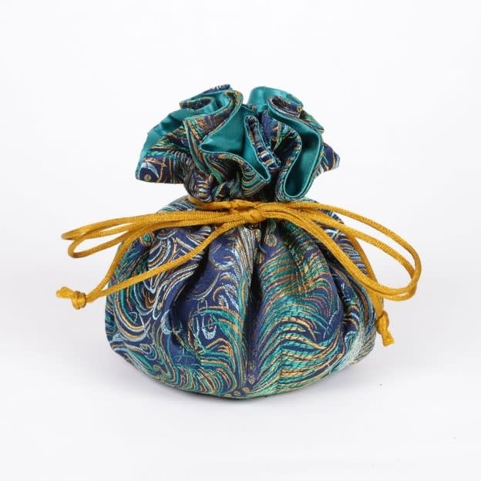 Cathayana Peacock Feather Brocade Jewelry Pouch in Navy and Gold