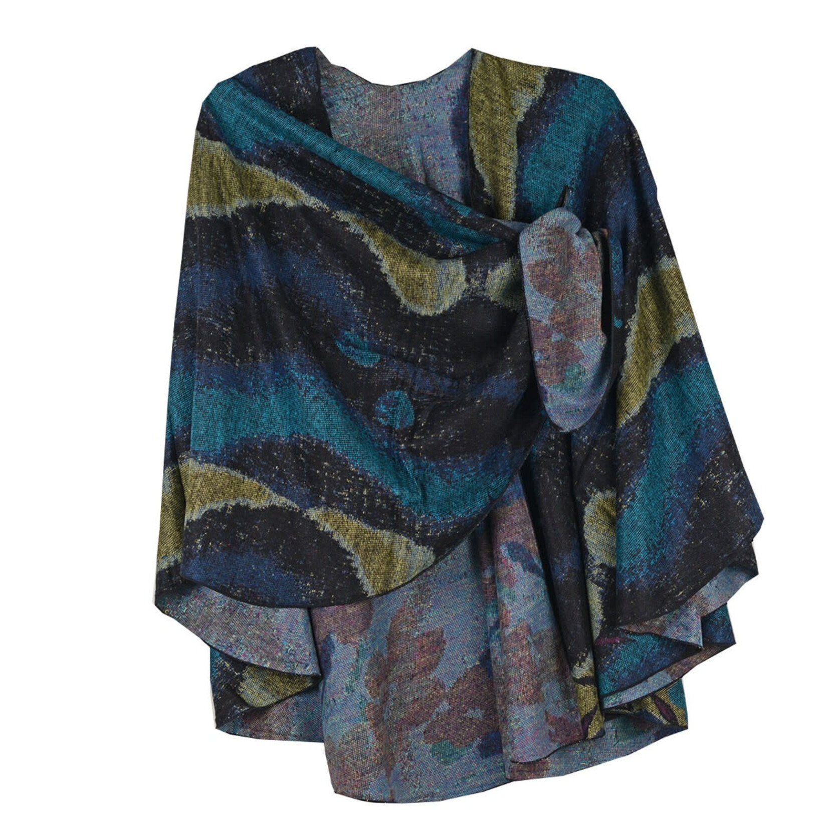 Cashmere Shawl w/ Pull Thru Shoulder Tab-Blue/Black/Olive