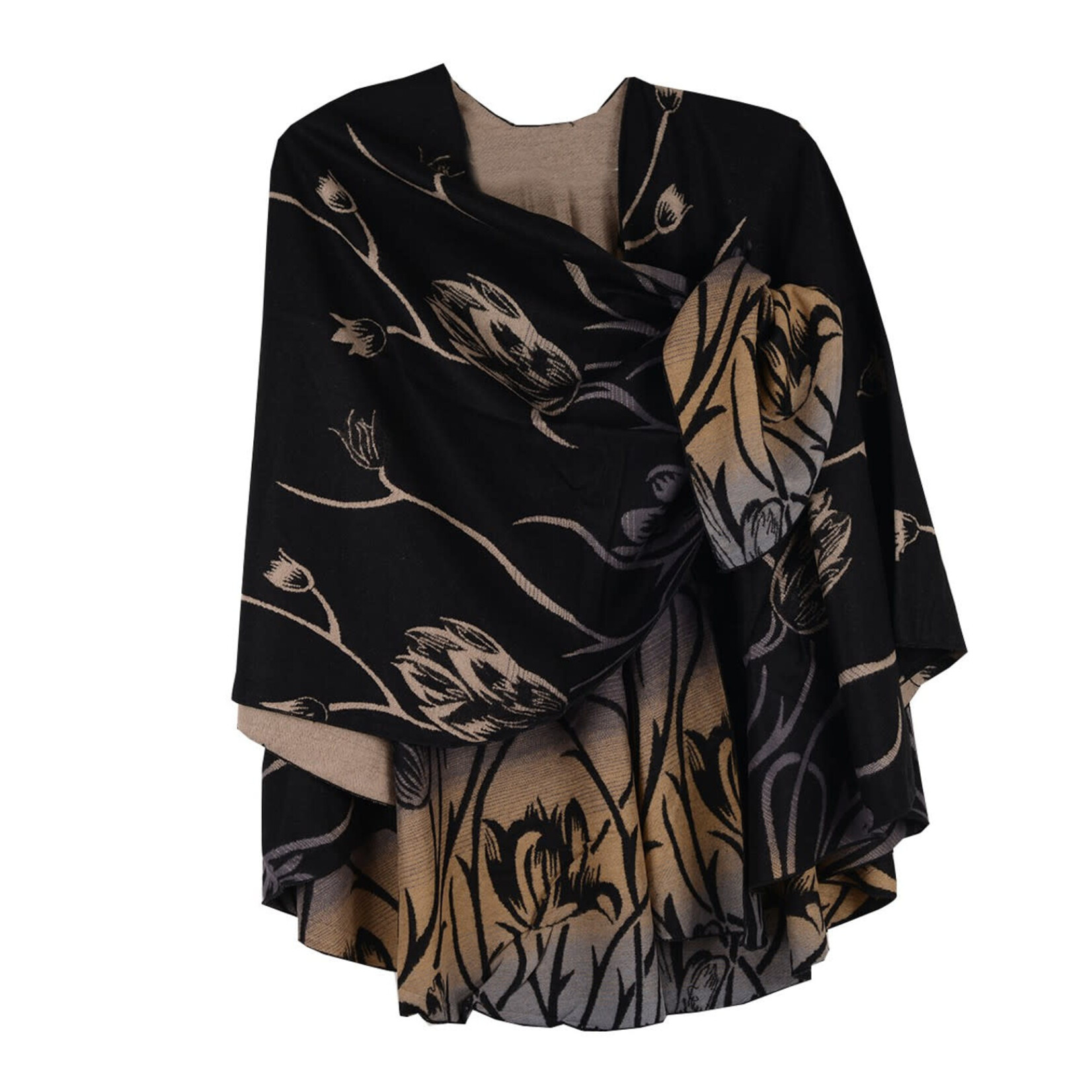Cashmere Shawl w/ Pull Thru Shoulder Tab-Black/Tan Floral Pattern
