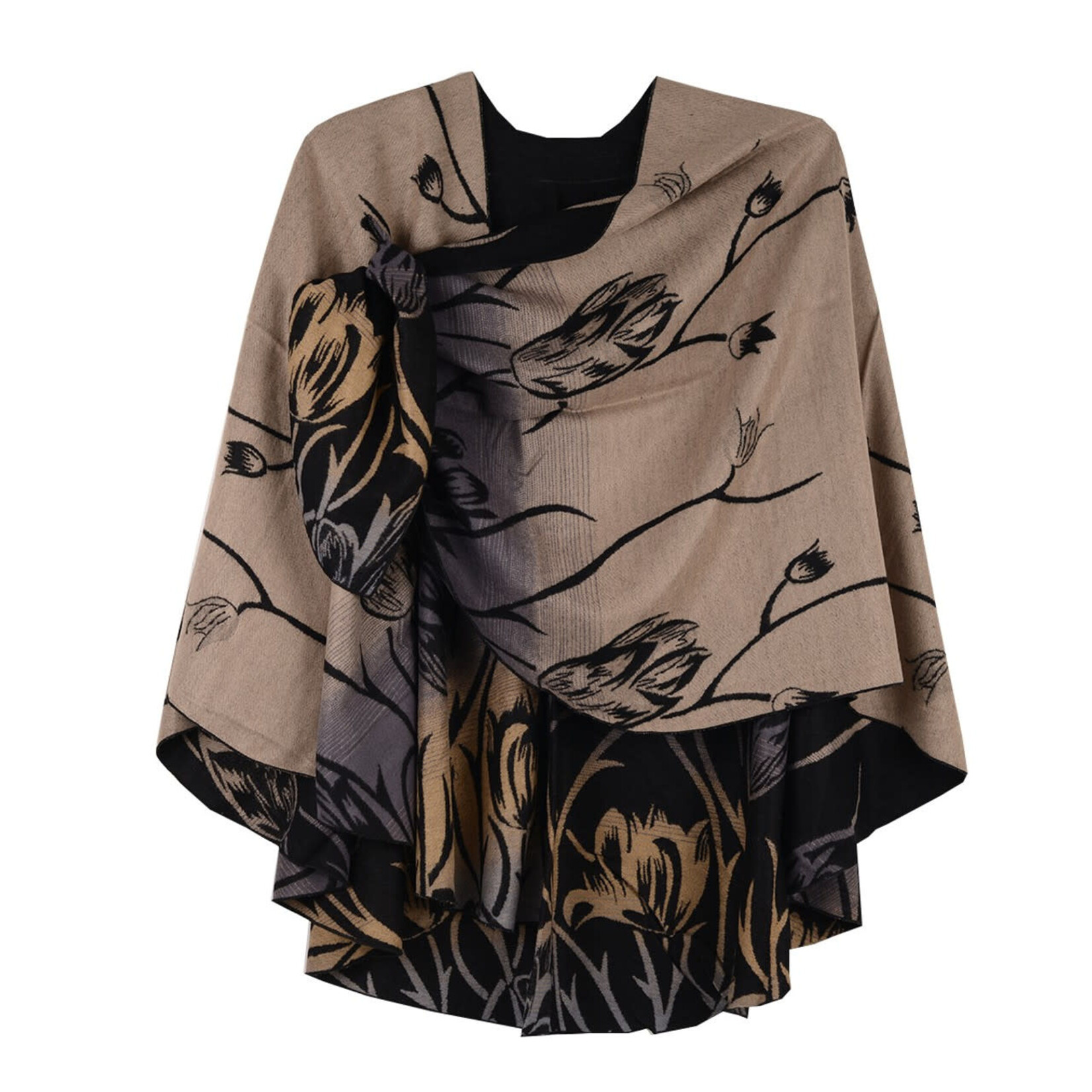 Cashmere Shawl w/ Pull Thru Shoulder Tab-Black/Tan Floral Pattern
