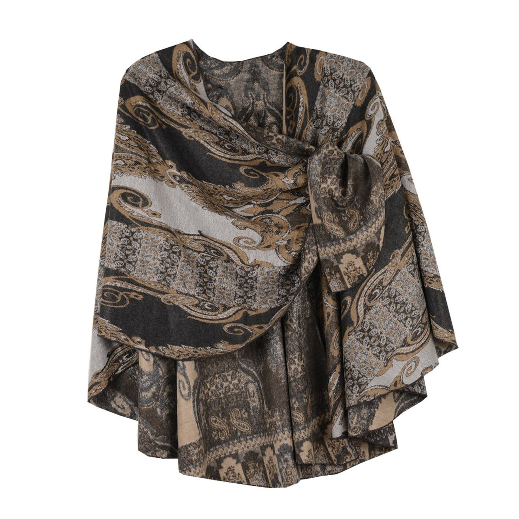 Cashmere Shawl w/ Pull Thru Shoulder Tab-Baroque Pattern Blk/Tan/Grey