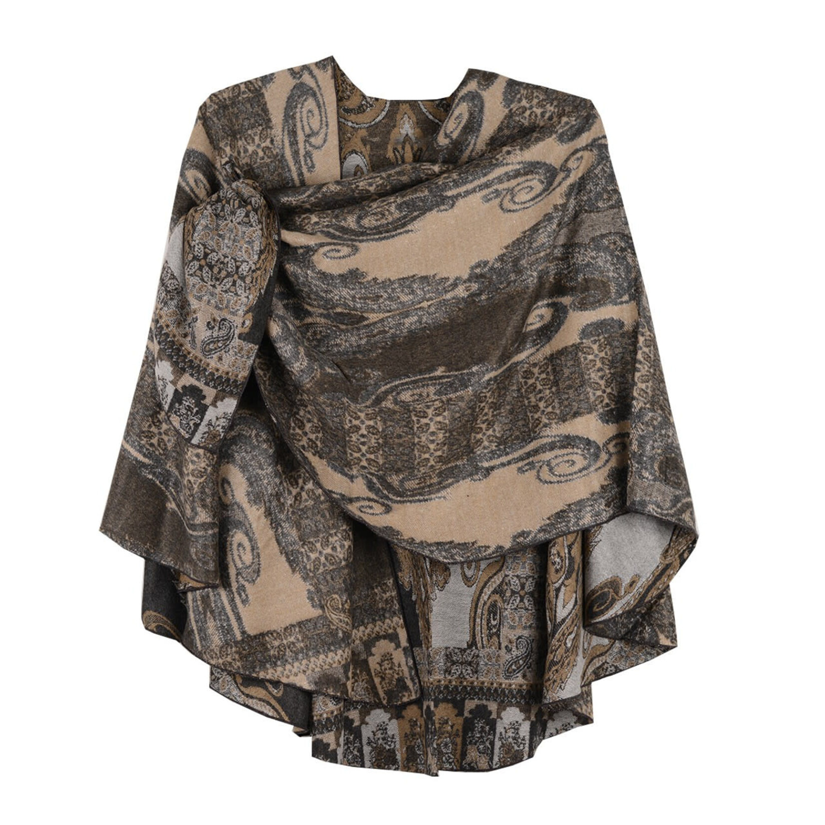 Cashmere Shawl w/ Pull Thru Shoulder Tab-Baroque Pattern Blk/Tan/Grey