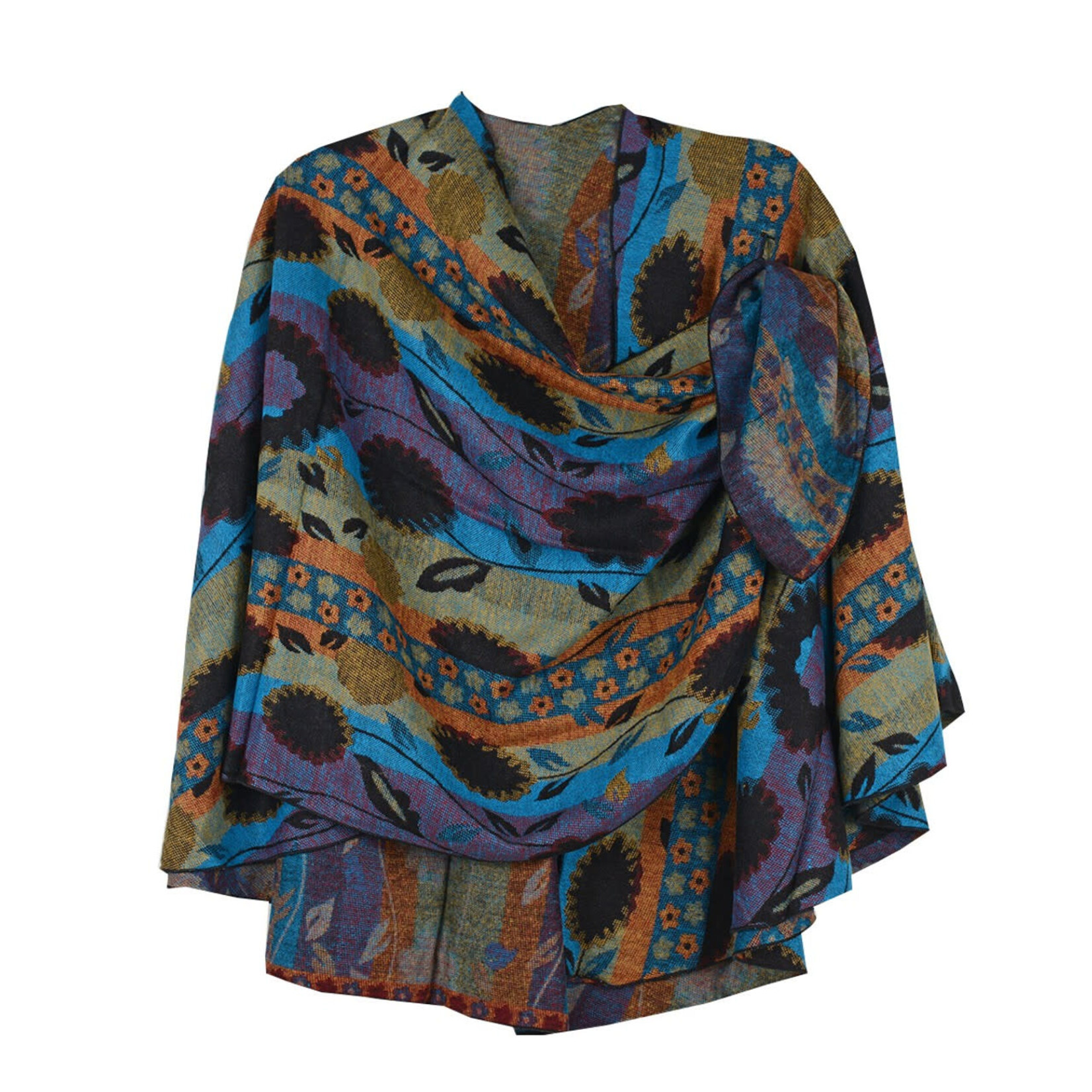 Cashmere Shawl w/ Pull Thru Shoulder Tab-Floral Stripe