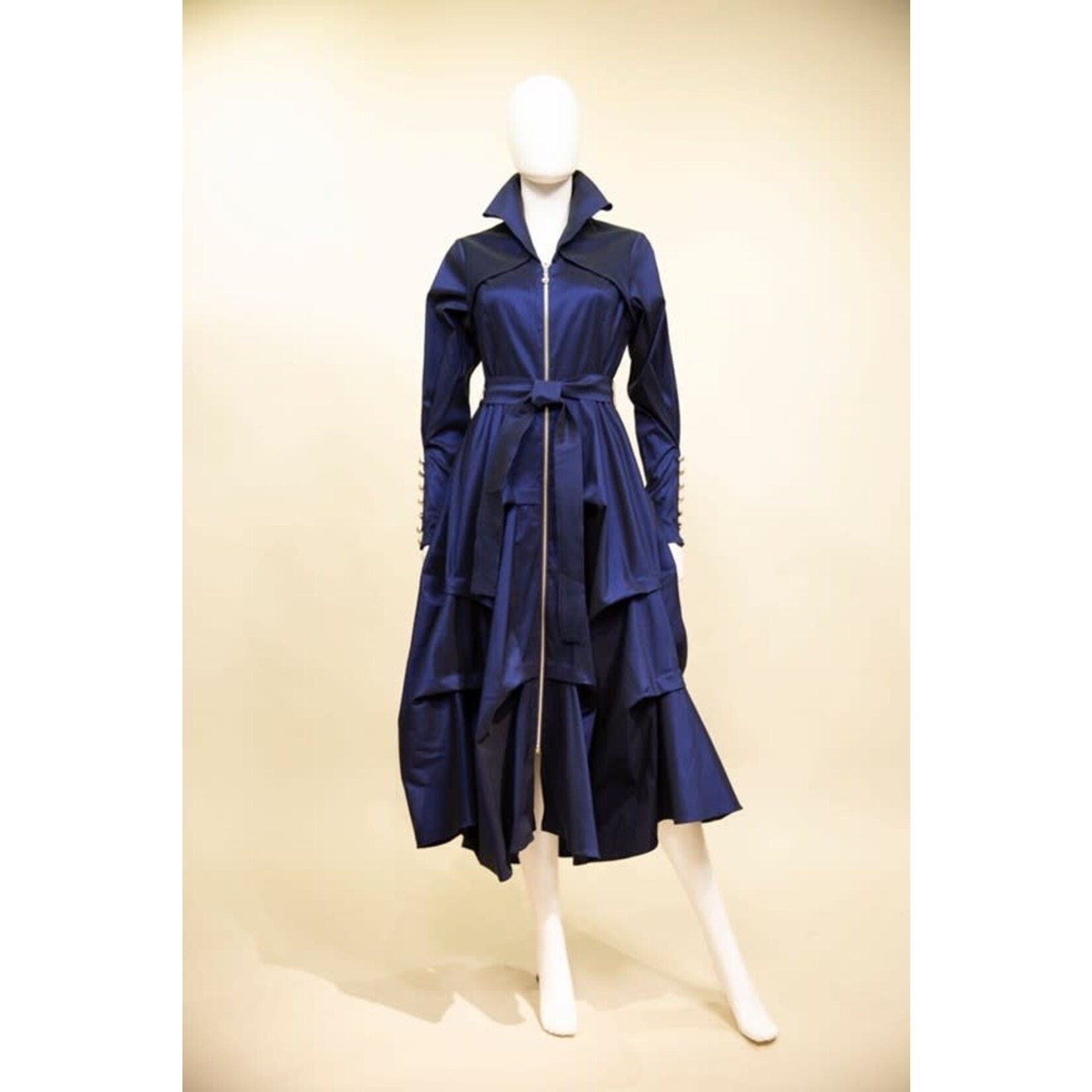 Samuel Dong Stretch Duppioni LS Dress w/ Wired Collar in Midnight