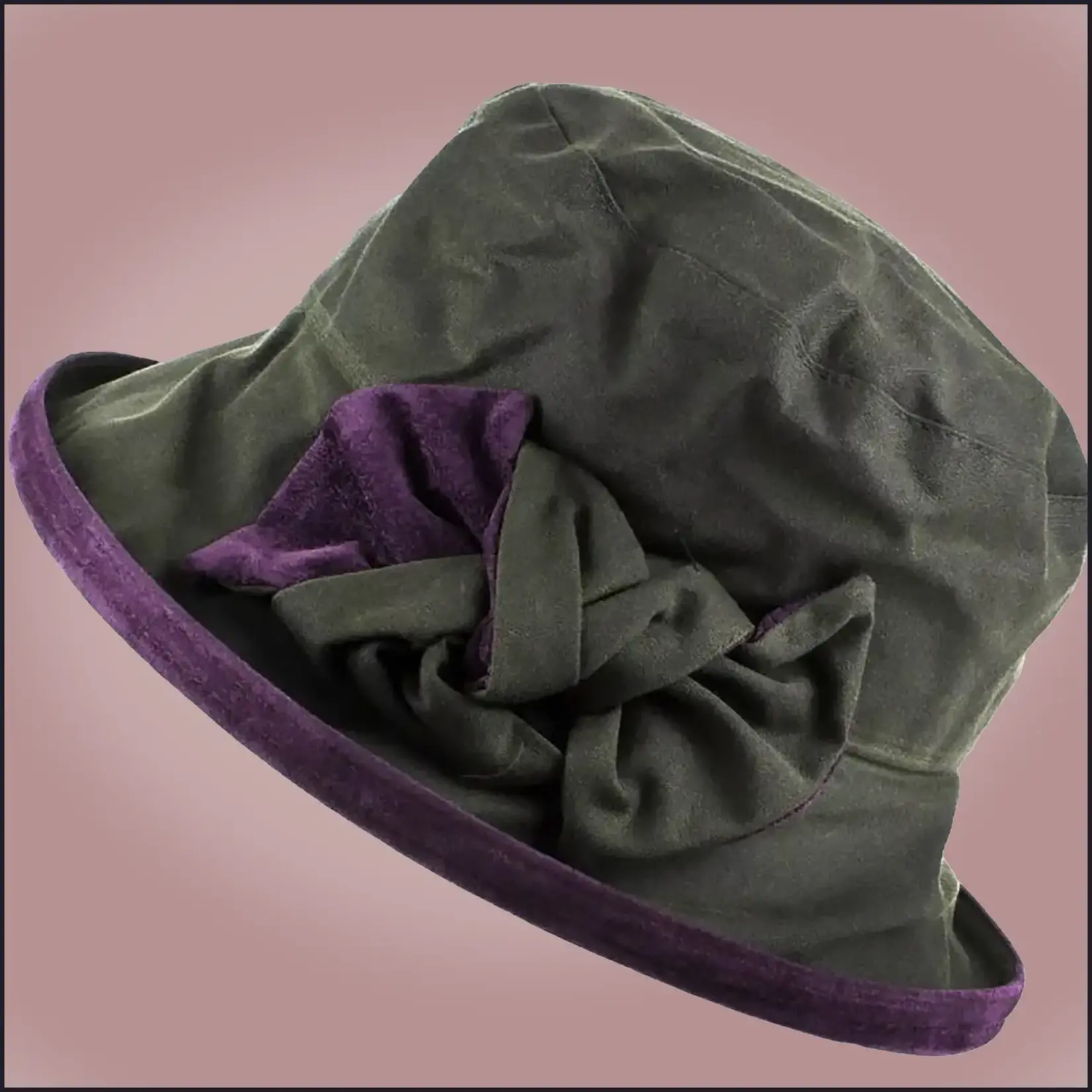 Peak & Brim Hats Zara Barbour Green Waxed Rain Hat, Deep Purple Trim & Bow