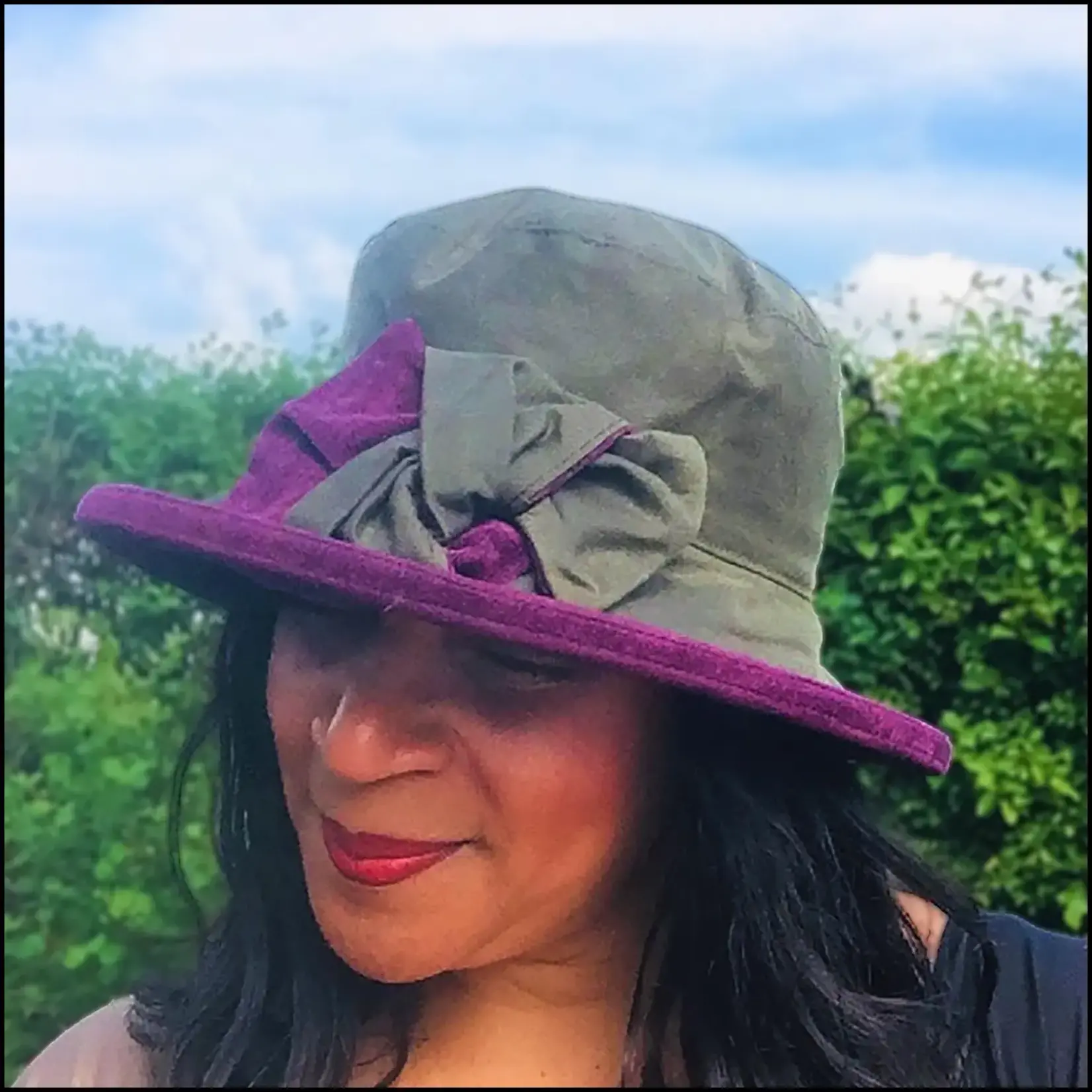 Peak & Brim Hats Zara Barbour Green Waxed Rain Hat, Deep Purple Trim & Bow
