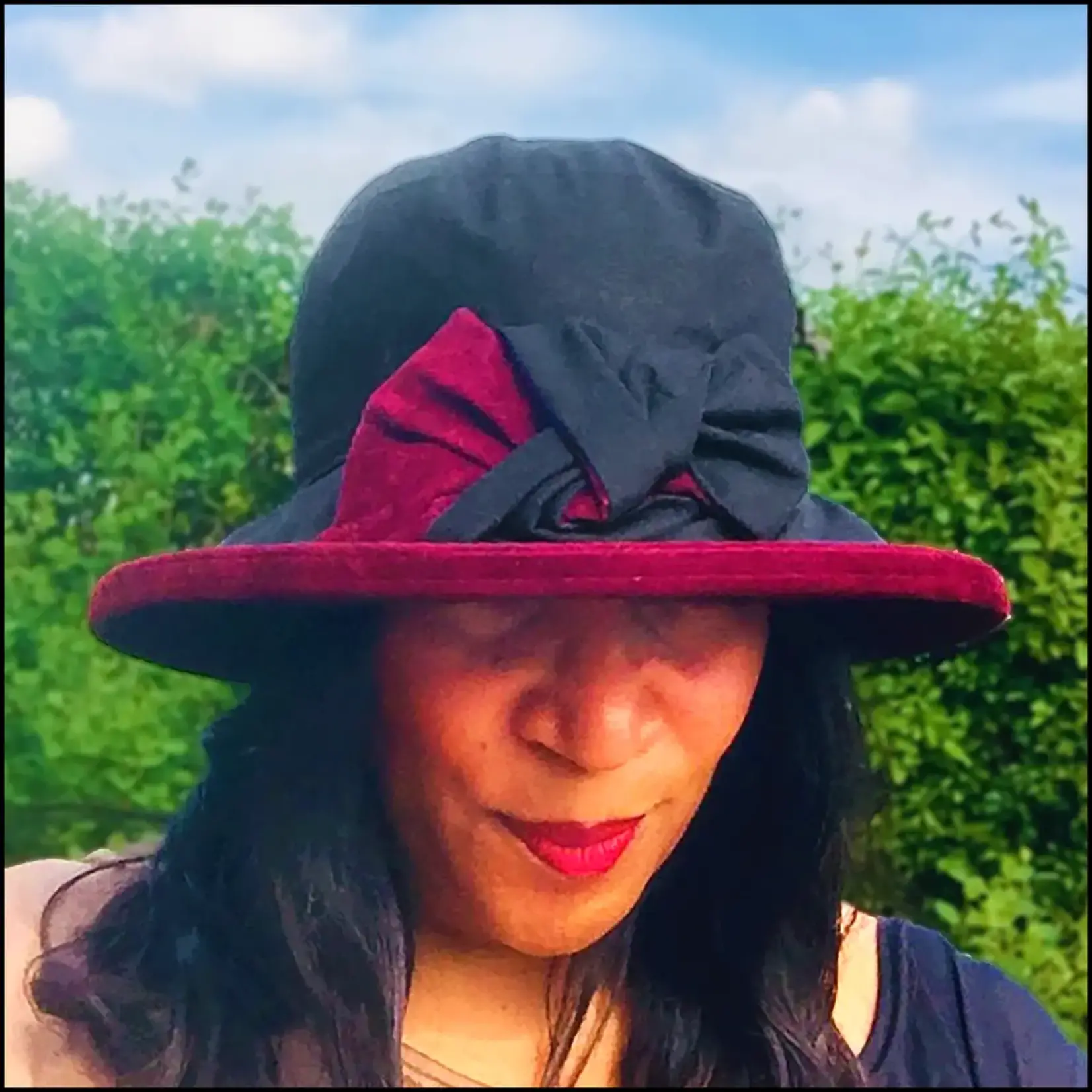 Peak & Brim Hats Zara Black Waxed Rain Hat, Burgundy Trim & Bow
