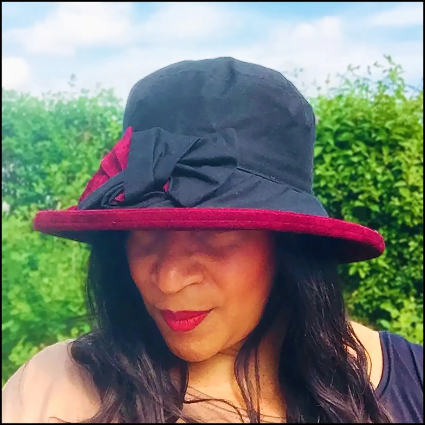 Peak & Brim Hats Zara Black Waxed Rain Hat, Burgundy Trim & Bow