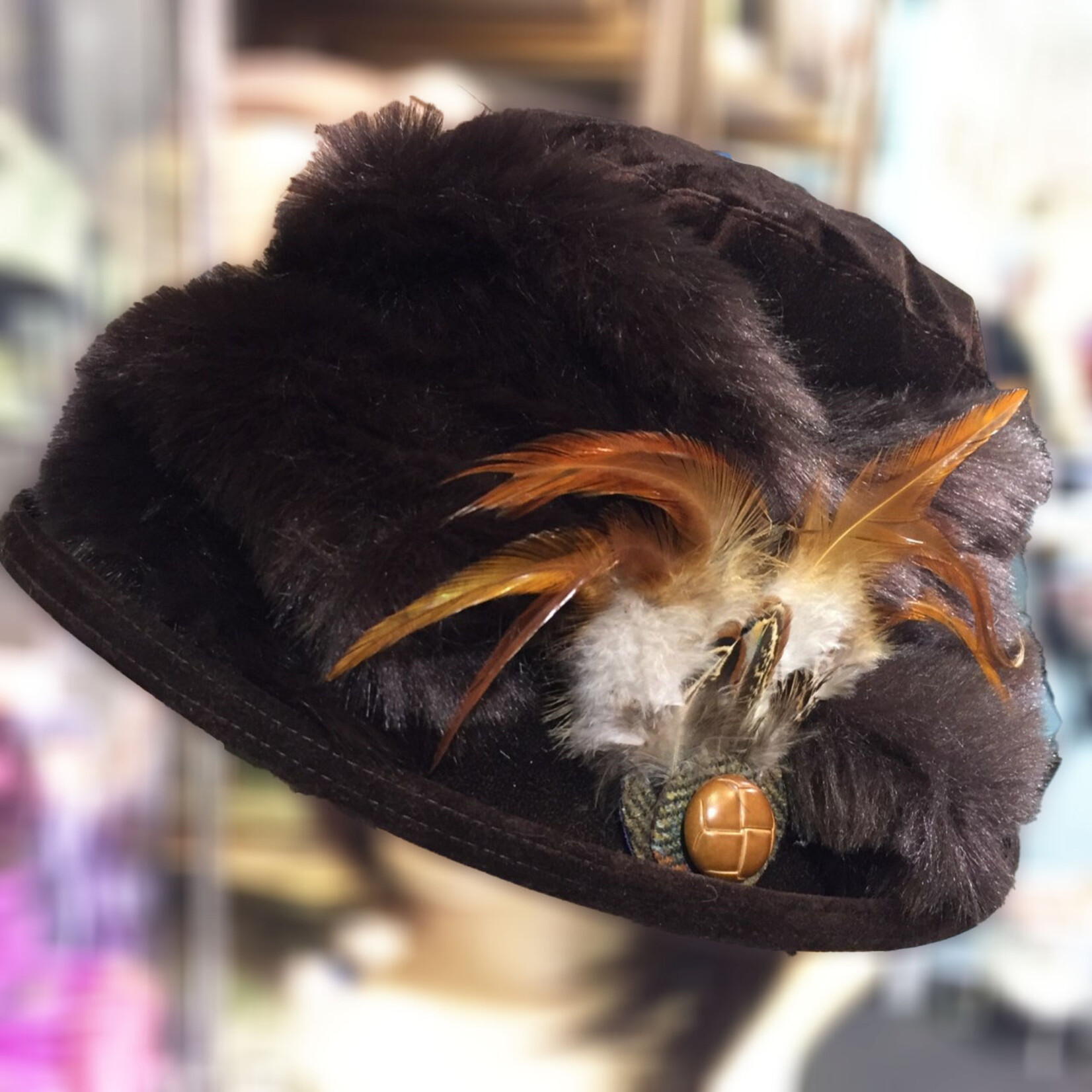 Peak & Brim Hats Monique Brown Winter Event Wedding Hat, Faux Fur & Feathers