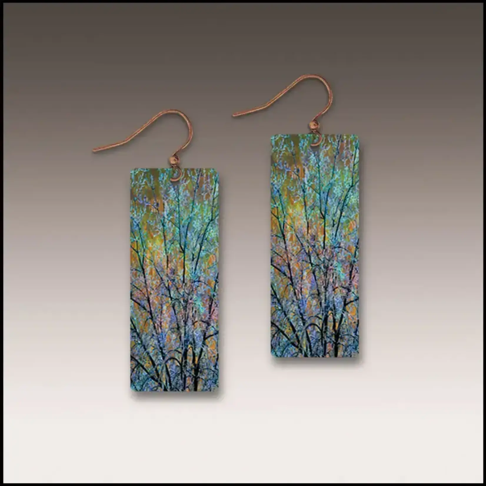 Illustrated Light Single Long Rctngl Giclee’ Earrings in Branches/Teal