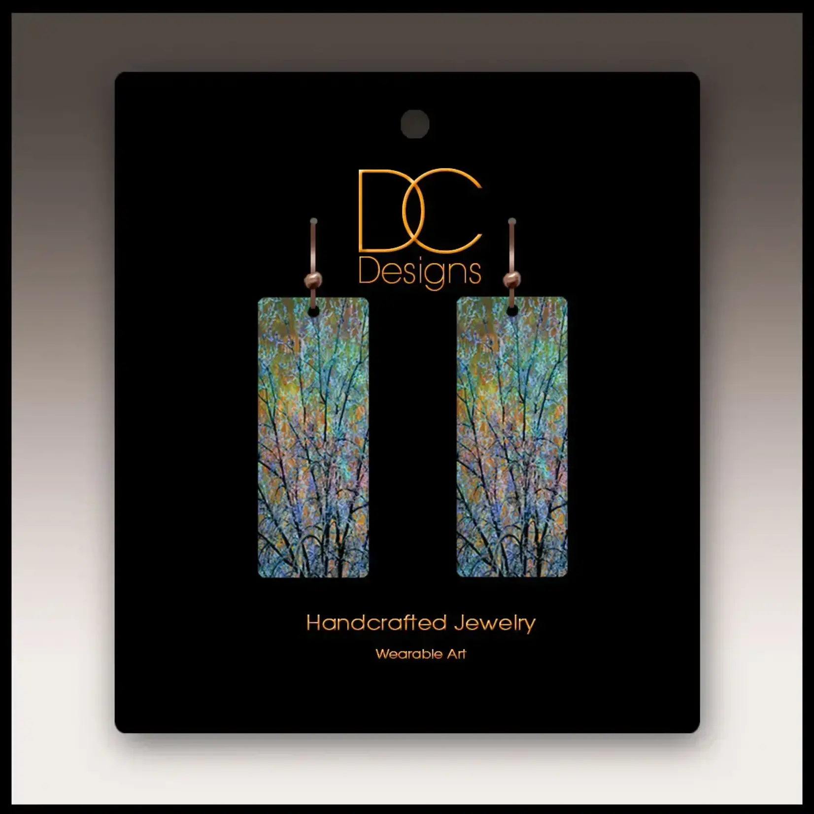 Illustrated Light Single Long Rctngl Giclee’ Earrings in Branches/Teal