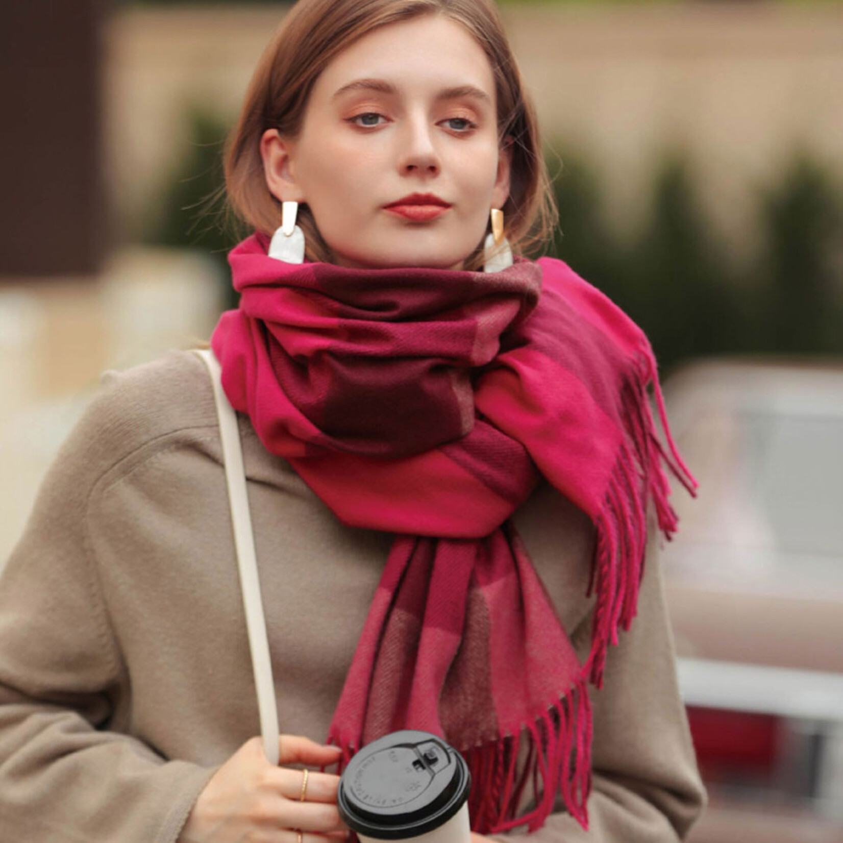 Pashmina Style Scarf Big Grid/Tassel in Maroon