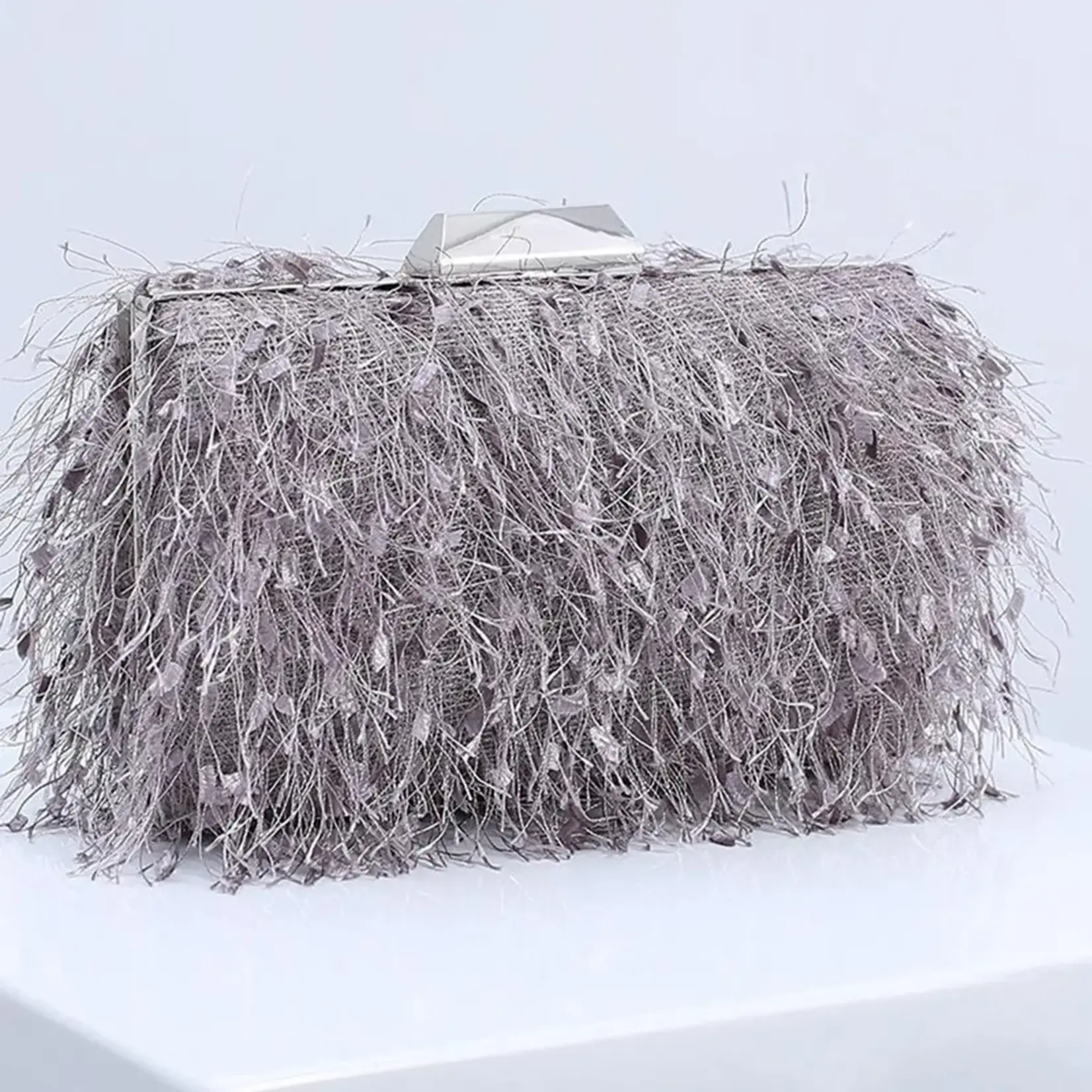 Eyelash Evening Bag Clutch w/Chain in Grey