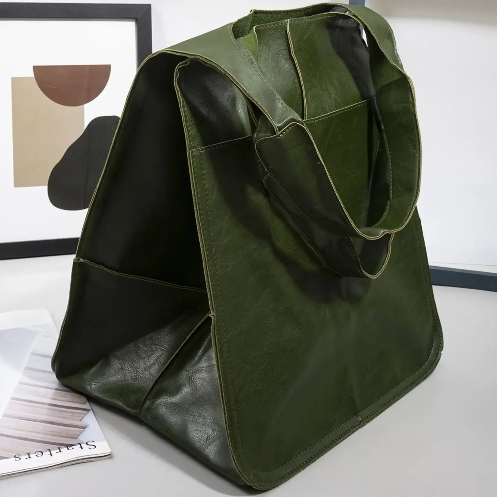 Retro Style Large Pleather Tote in Green