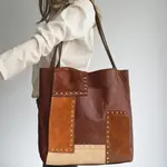 Rivet Contrast Splicing Shoulder Bag in Brown