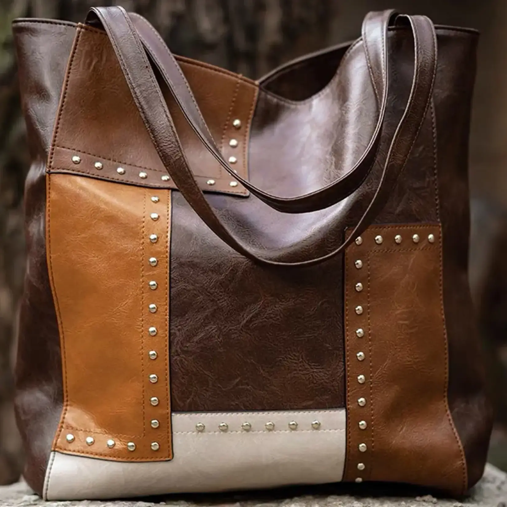 Rivet Contrast Splicing Shoulder Bag in Brown