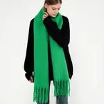 Warm Fringed Thick Solid Poly Scarf in Green