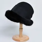 Plush Faux Fur Trim Poly Bucket Hat in Black