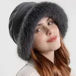 Plush Faux Fur Trim Poly Bucket Hat in Grey