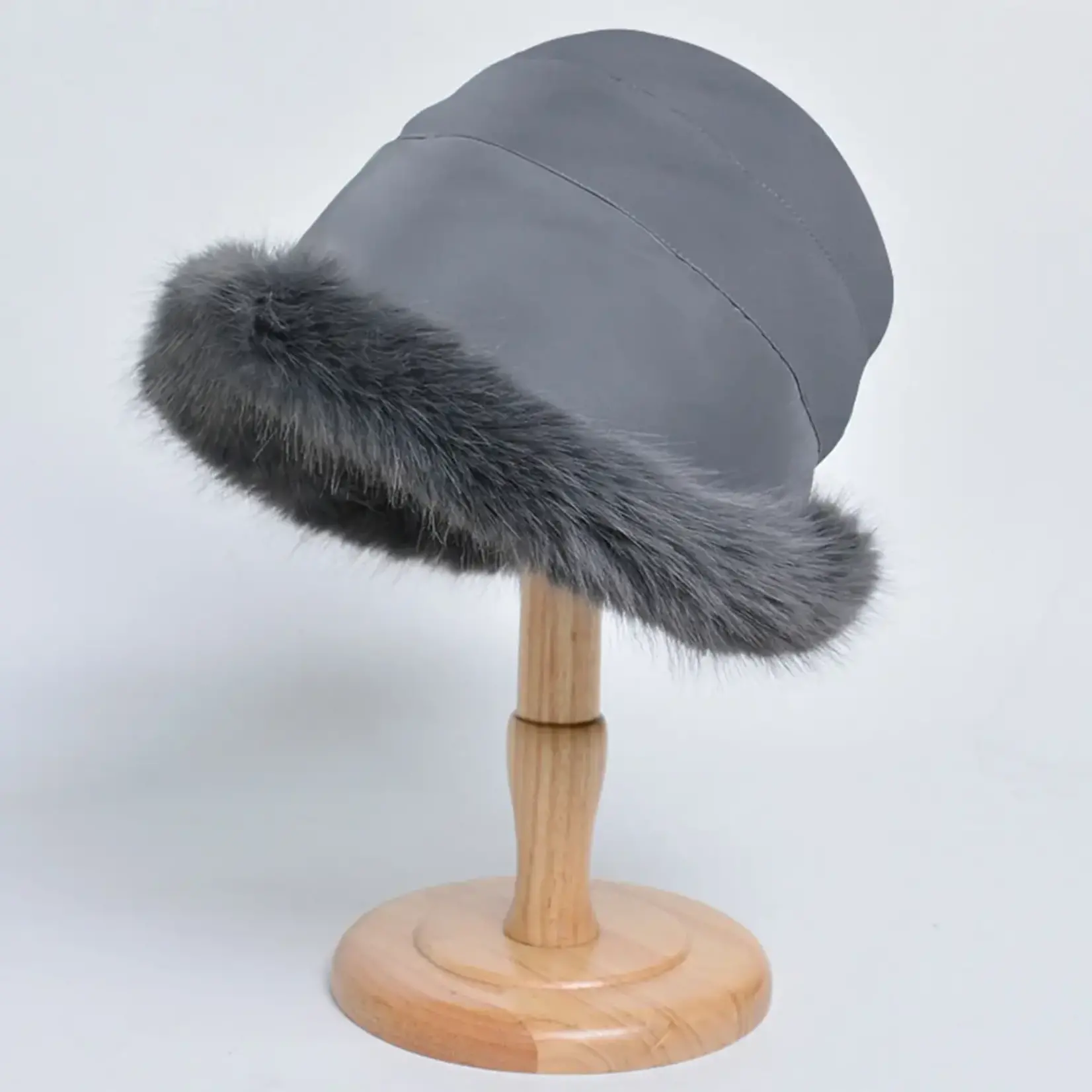 Plush Faux Fur Trim Poly Bucket Hat in Grey
