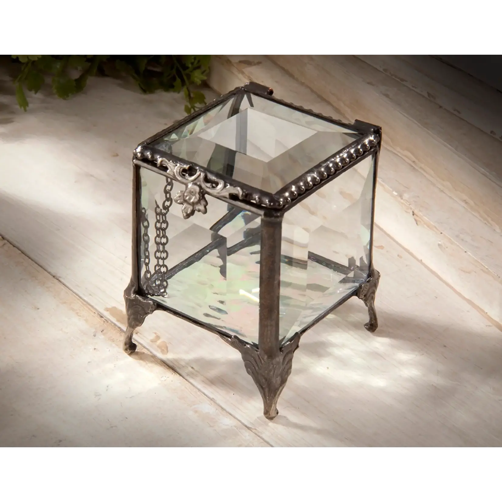 J Devlin Glass Clear Beveled Stained Glass Ring Box