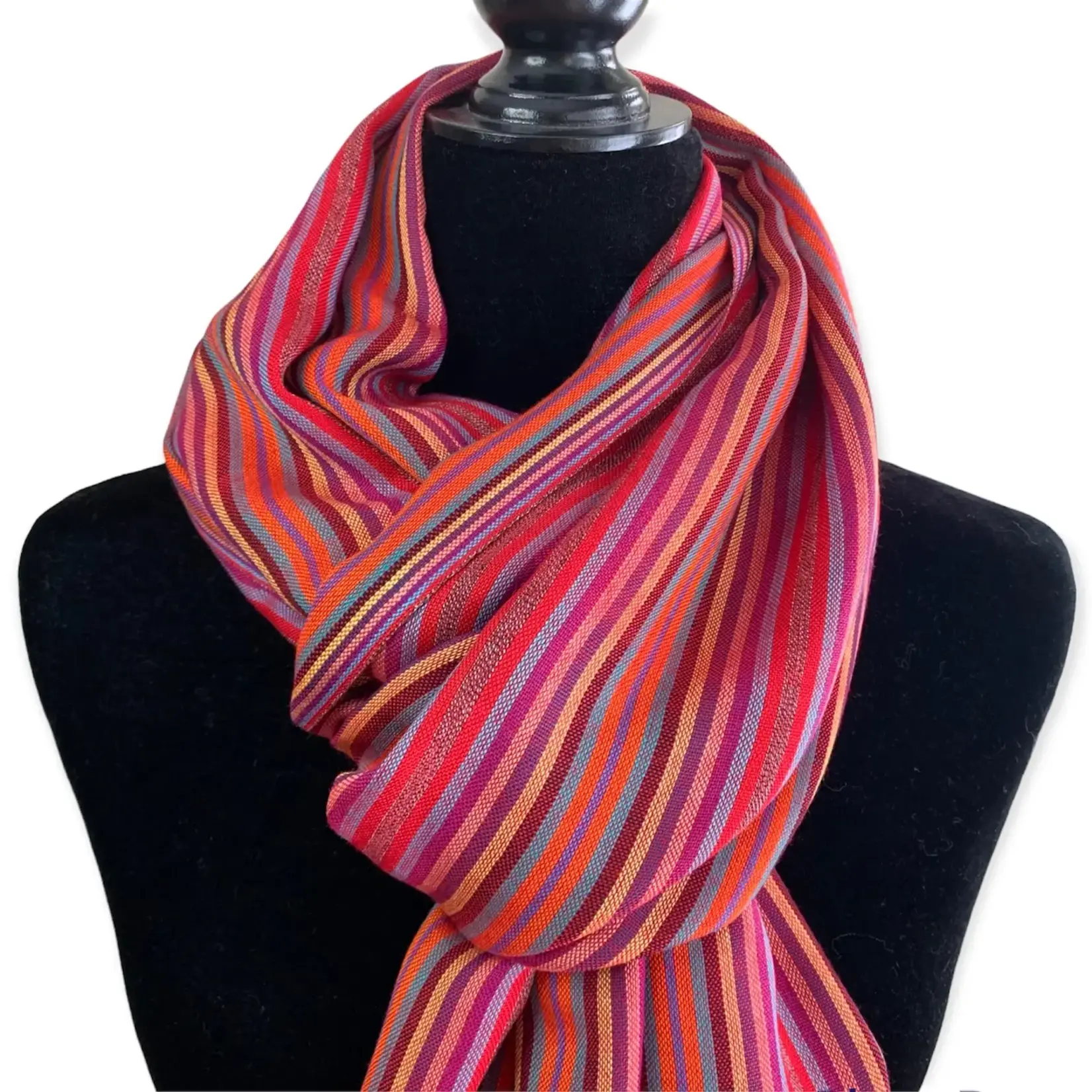 Dandarah Thin Striped Handwoven Bamboo Viscose Scarf - Shades of Red
