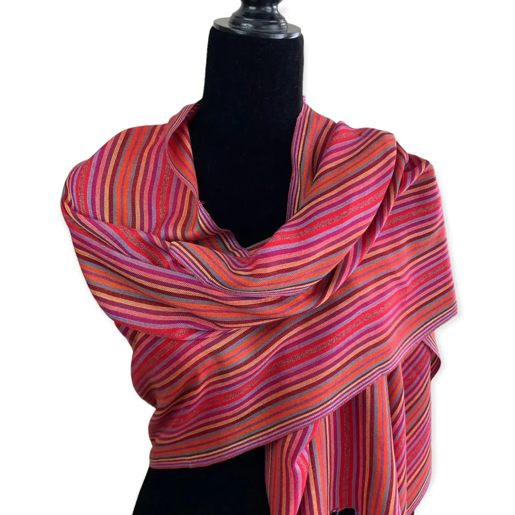 Dandarah Thin Striped Handwoven Bamboo Viscose Scarf - Shades of Red