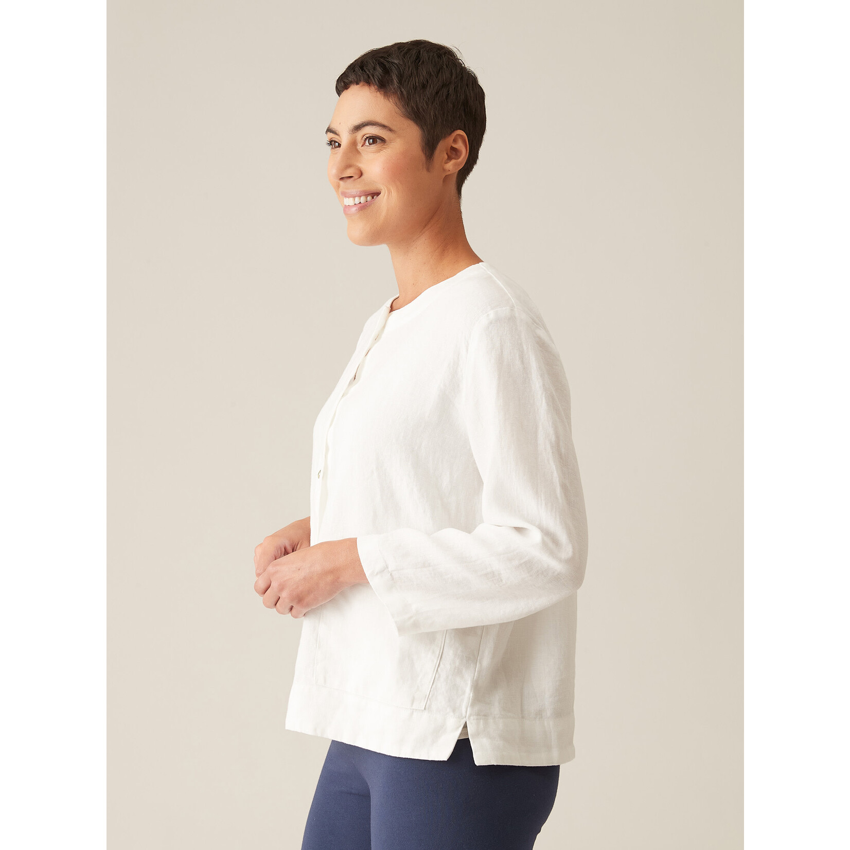 3/4 Slv Linen Cropped Jacket in White