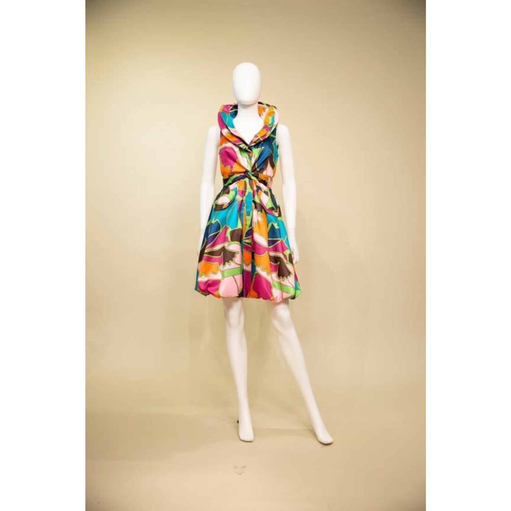 Samuel Dong Twisted Front Sleeveless Bubble Dress in Green/Orange Multi