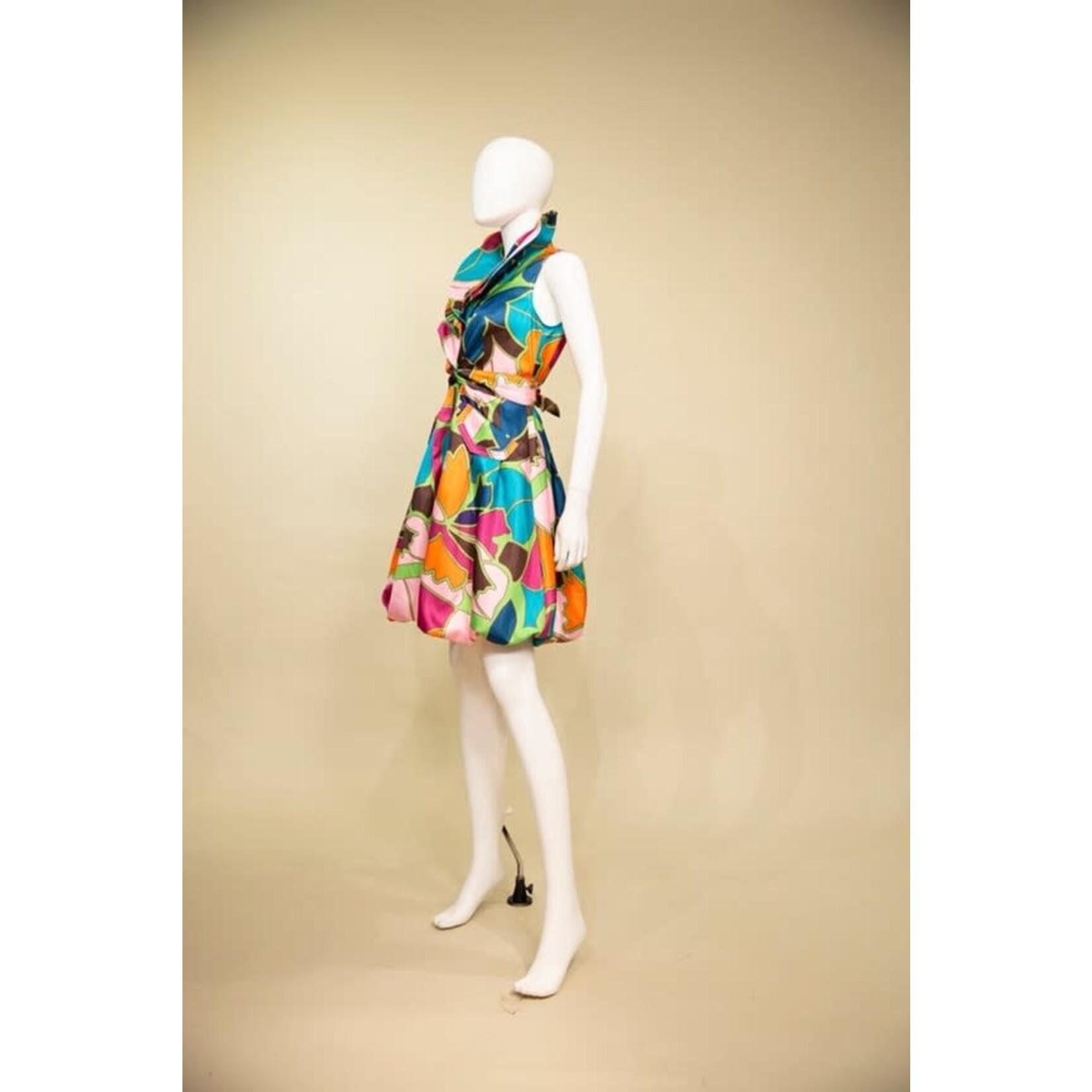 Samuel Dong Twisted Front Sleeveless Bubble Dress in Green/Orange Multi